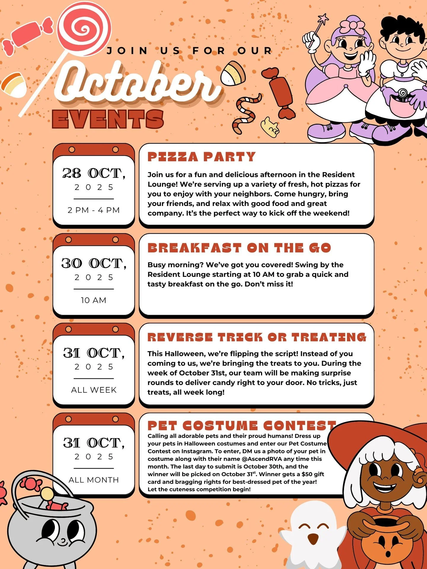 The leaves are falling and the fun is calling! 🎃🍁 Come connect, celebrate, and enjoy everything October has in store for our awesome residents!