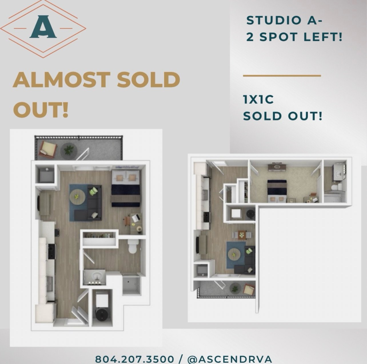 ‼️ LOOK OUT ‼️ We&rsquo;re almost sold out of a few of our floor plans, if you&rsquo;re still looking for housing, don&rsquo;t wait!! Tour today to find your future home at Ascend! ✨✨✨ #rva #vcu #vuu #housing