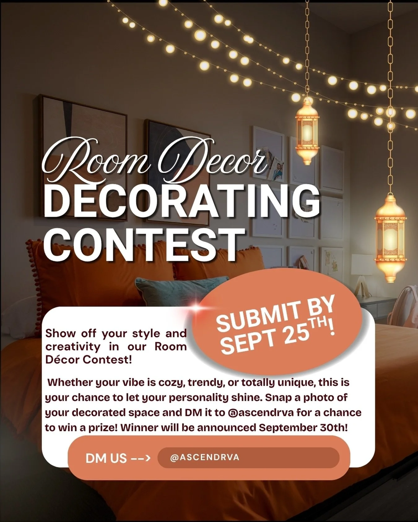You asked, we answered! Here&rsquo;s more details on our room decor contest! We can&rsquo;t wait to see what you&rsquo;ve done with the place! 🏢✨ #ascendrva #studenthousing #vcu #vuu #apartmentliving