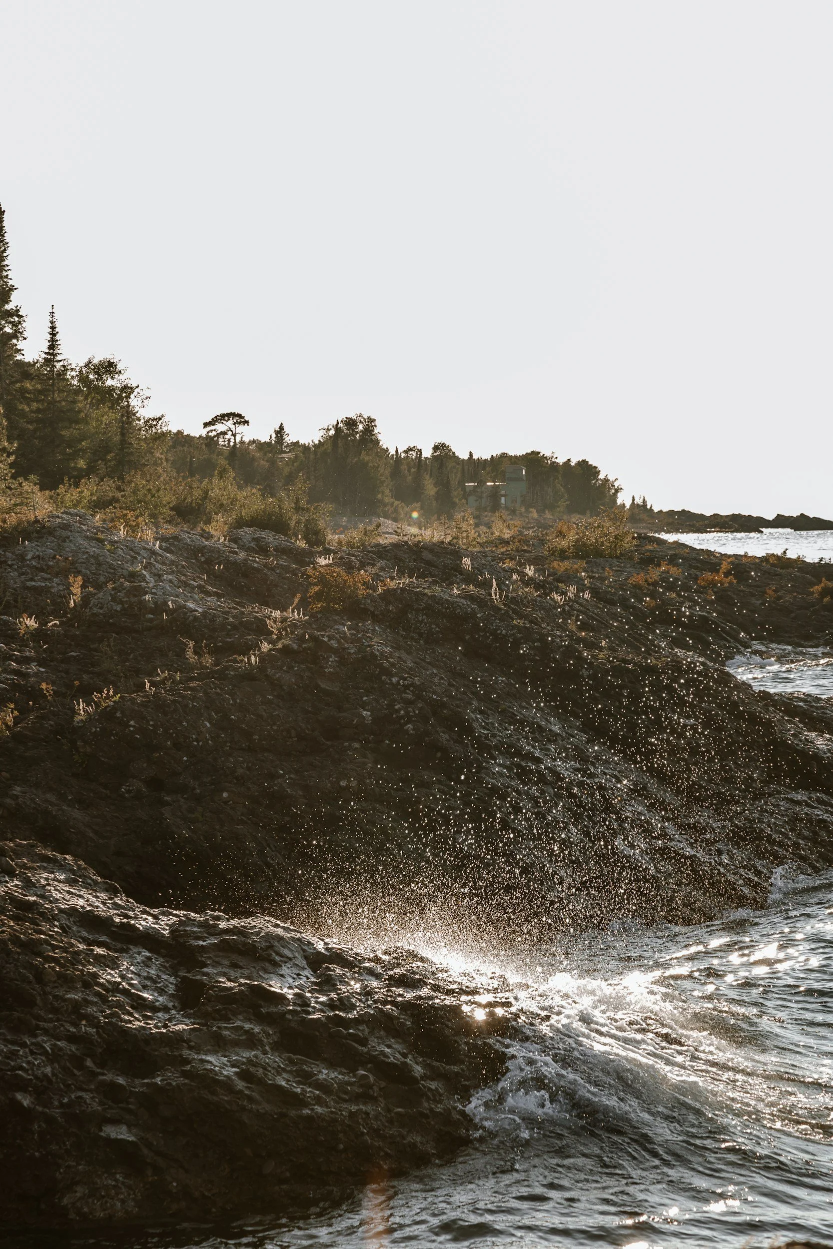 wave spray catches light of sun against dark rocks on beach