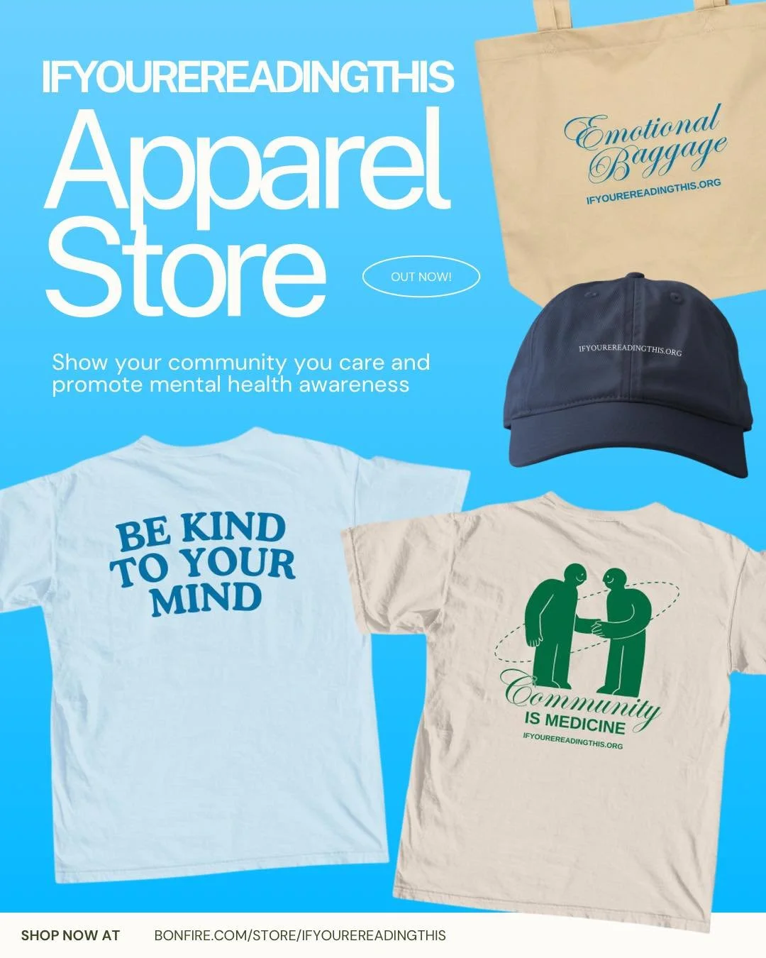 CAN WE GET A DRUMROLL 🥁 We're thrilled to announce the official IfYoureReadingThis apparel store, NOW LIVE! 

All proceeds from the store will support our 501(c)(3) nonprofit organization with the mission of improving mental health in young adults, 