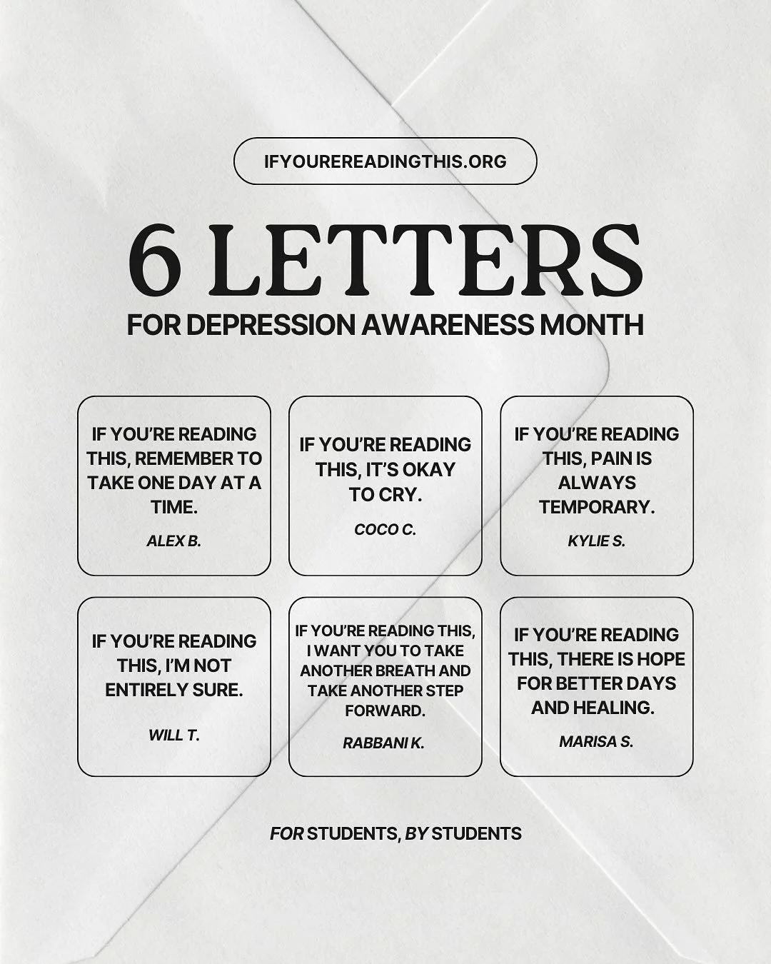 Depression looks different for everyone &mdash; but hearing real stories can make it feel a little less heavy, and a little less lonely 🫂 

Visit ifyourereadingthis.org/explore for read letters from our authors who&rsquo;ve lived with depression. We