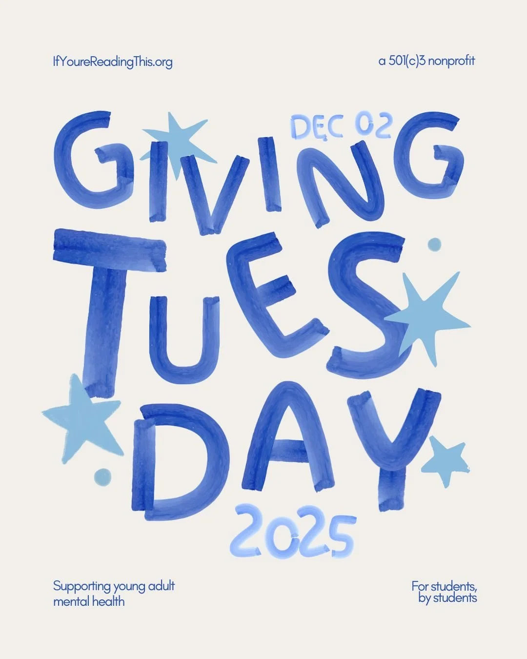 Want an easy way to support young adult mental health this Giving Tuesday? Donate if you can, then share this to your story. Every repost expands our reach and brings more people into this community. Grassroots work grows by word of mouth, and your v