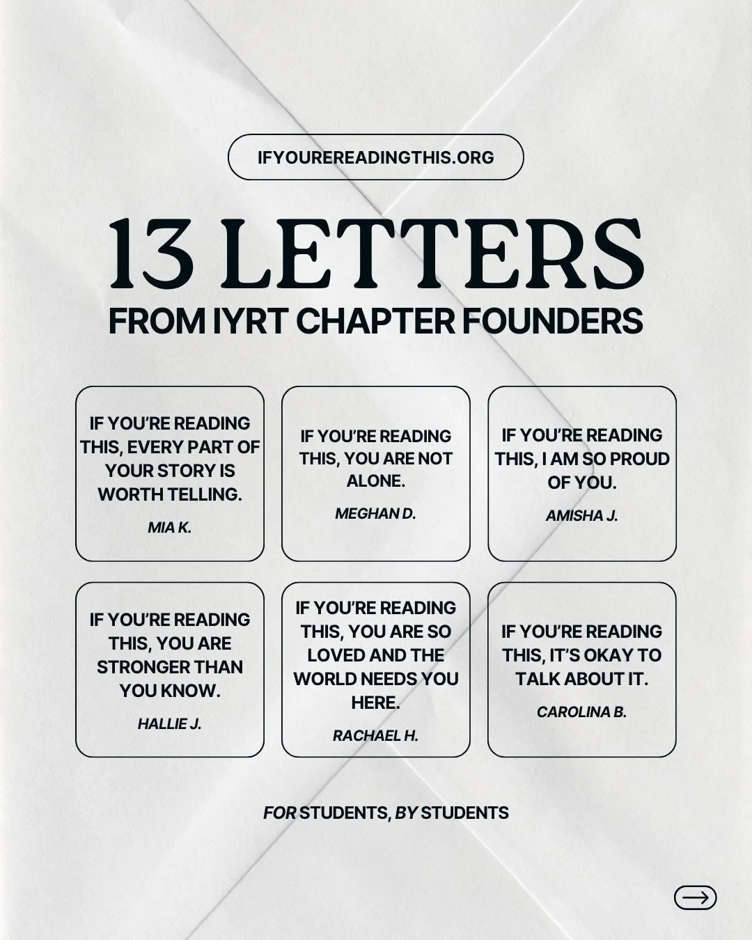 WE 💌 OUR FOUNDERS 

Search &ldquo;Founder&rdquo; on our website to hear stories from the people who have been instrumental in helping us build open-ended university-wide support networks across the country, and visit ifyourereadingthis.org/act to le