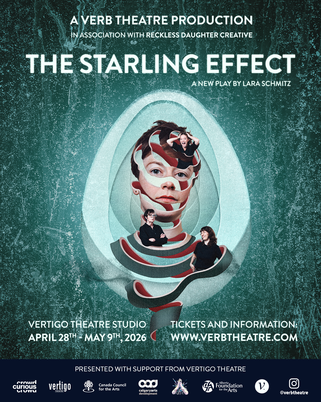 Promotional poster for the play "The Starling Effect" featuring a collage of a person's face and shoulders with various smaller images of people and faces layered within it, set against a textured green background.