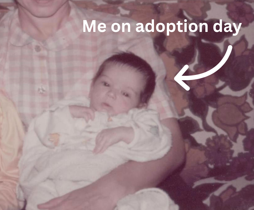 A person holding a baby, Susan Martin LMFT, with a caption indicating 'Me on adoption day' and an arrow pointing to the baby.