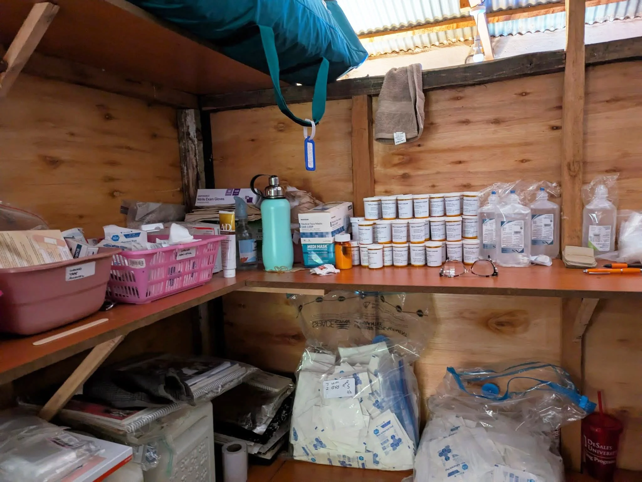 Shelves of medical supplies at the medical clinic