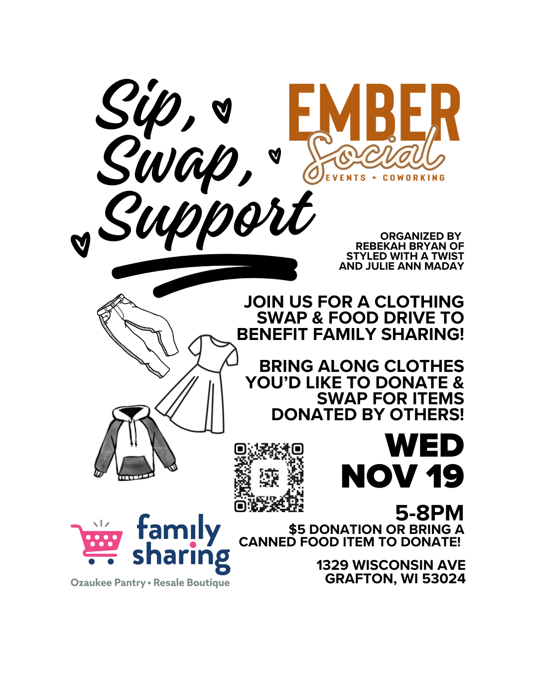 SIP, SWAP, SUPPORT CLOTHING & FOOD DRIVE for Family Sharing