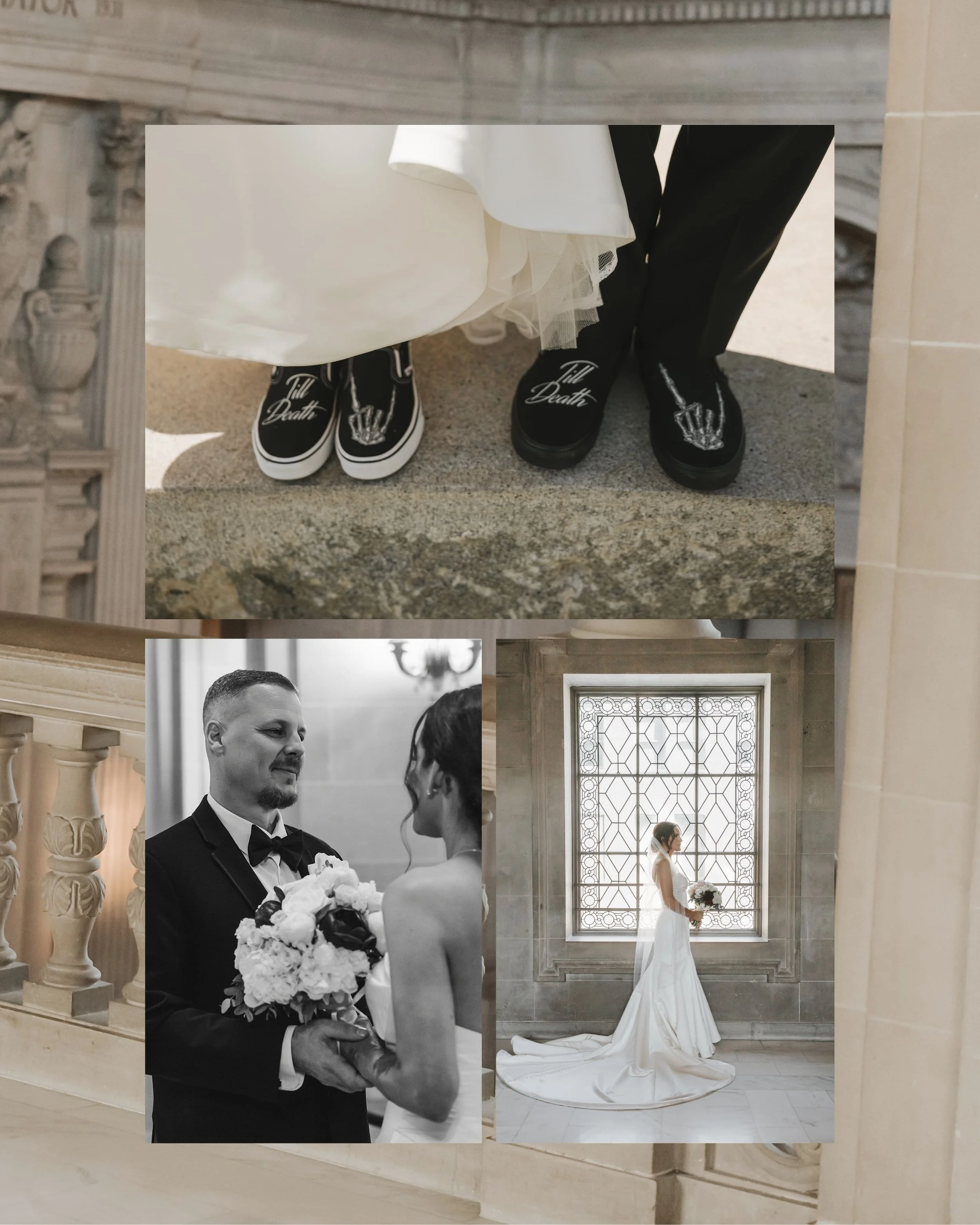 Newlyweds sharing quiet moments and playful shoe details at City Hall.