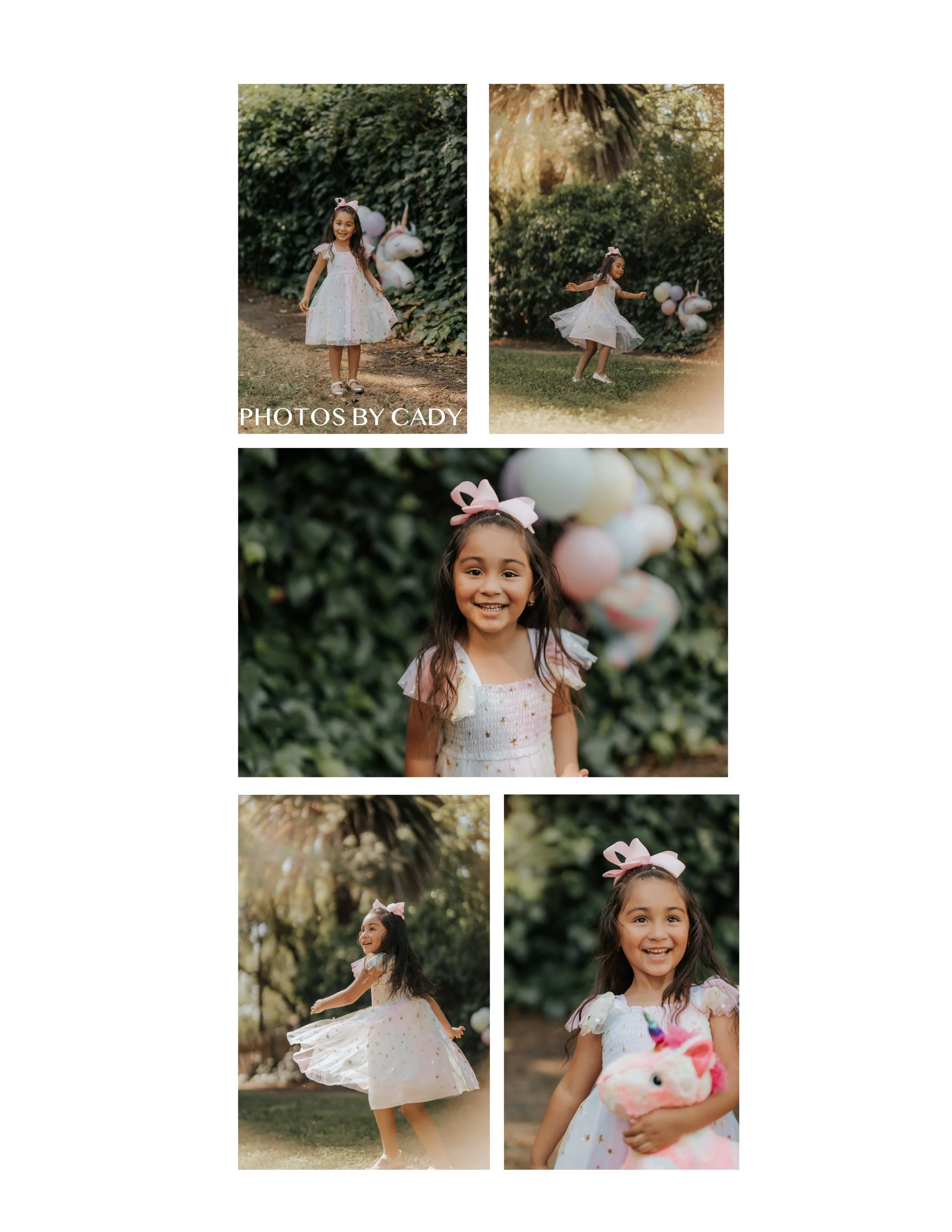 Four-year-old girl celebrating with balloons in a leafy garden.
