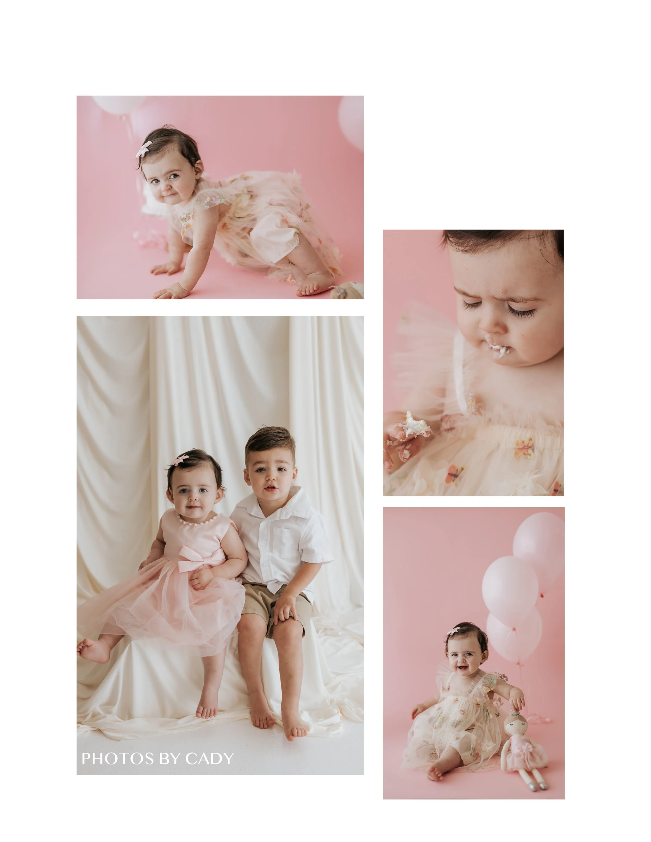 Young siblings posing together in soft pink birthday outfits.