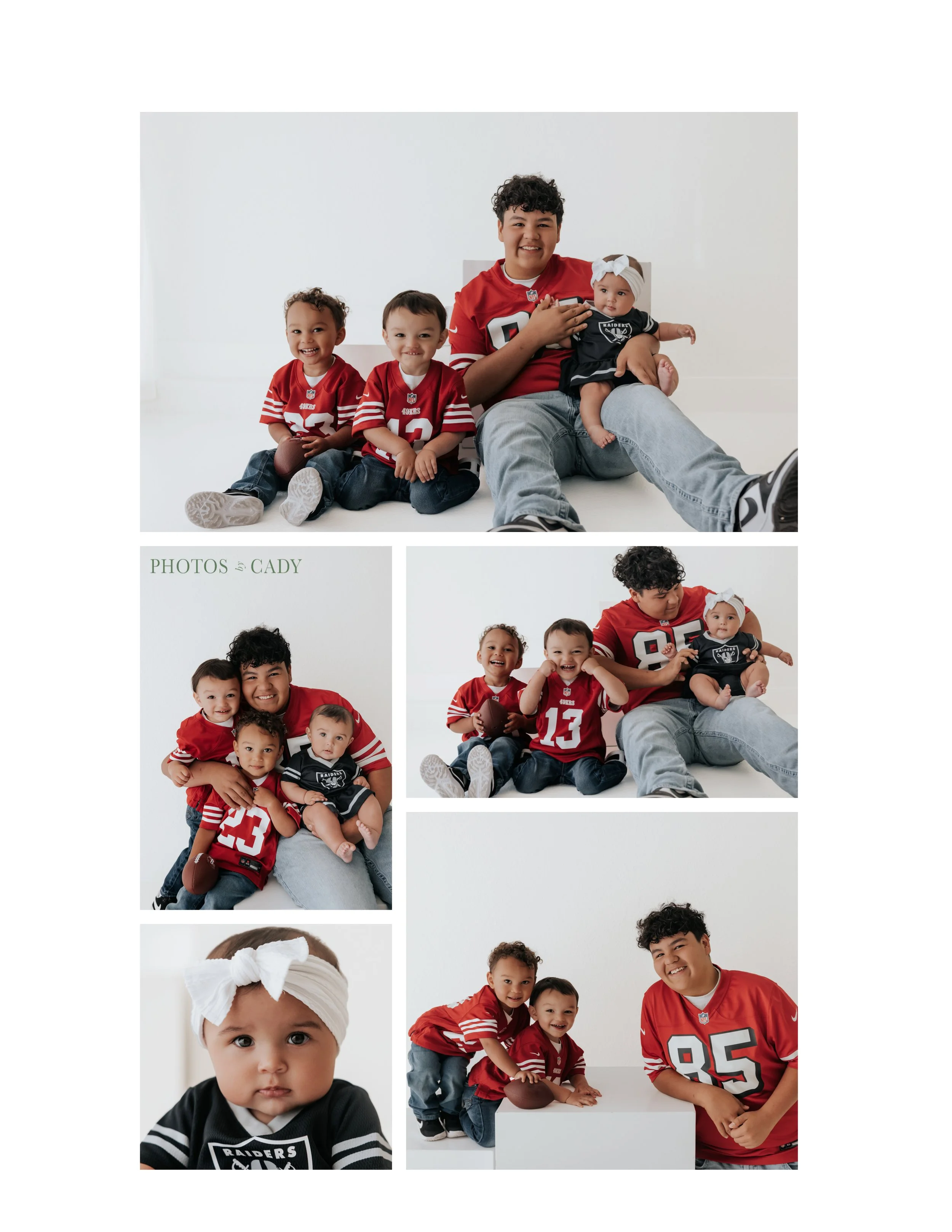 Father and three sons wearing football jerseys in a studio collage.