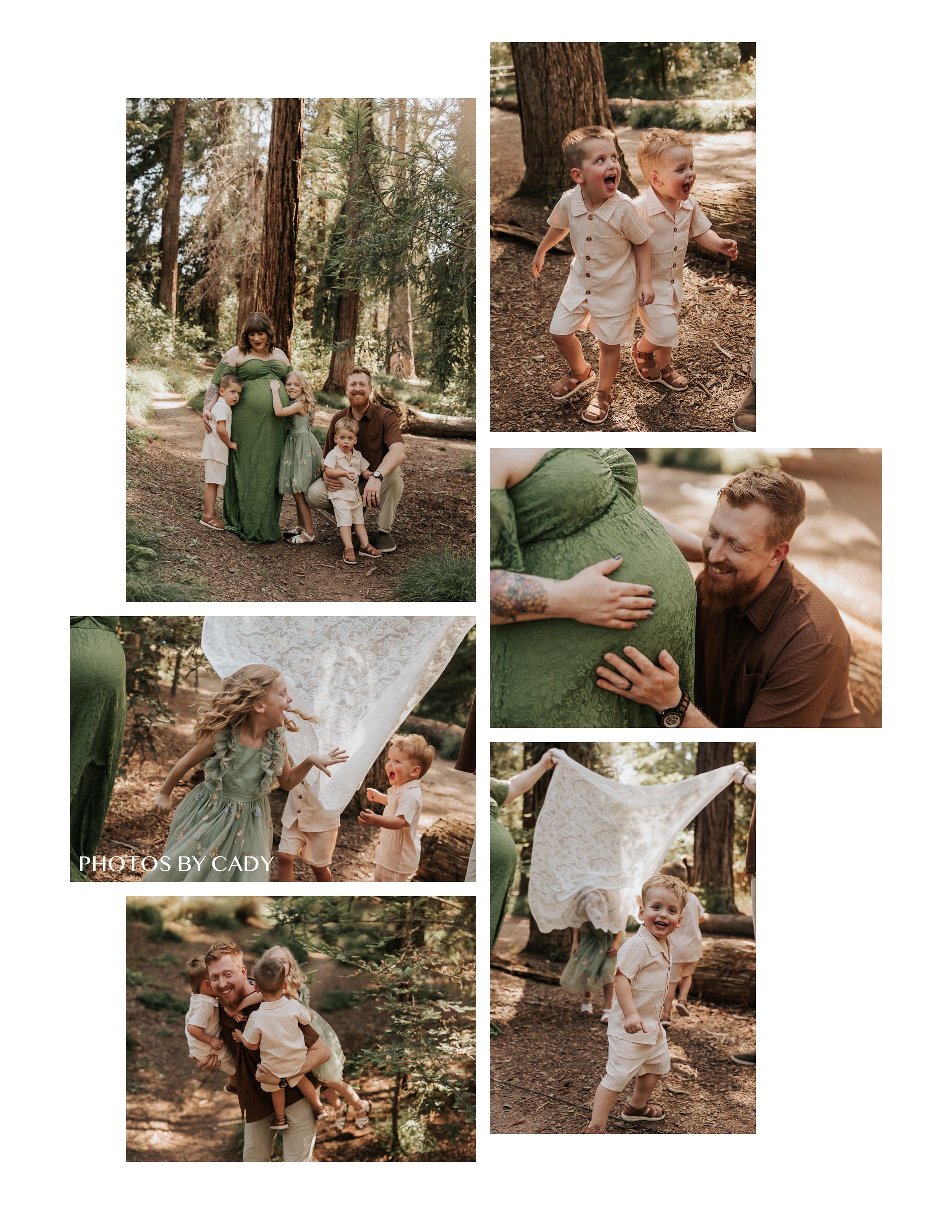 Expectant couple and child sharing playful moments in the woods.