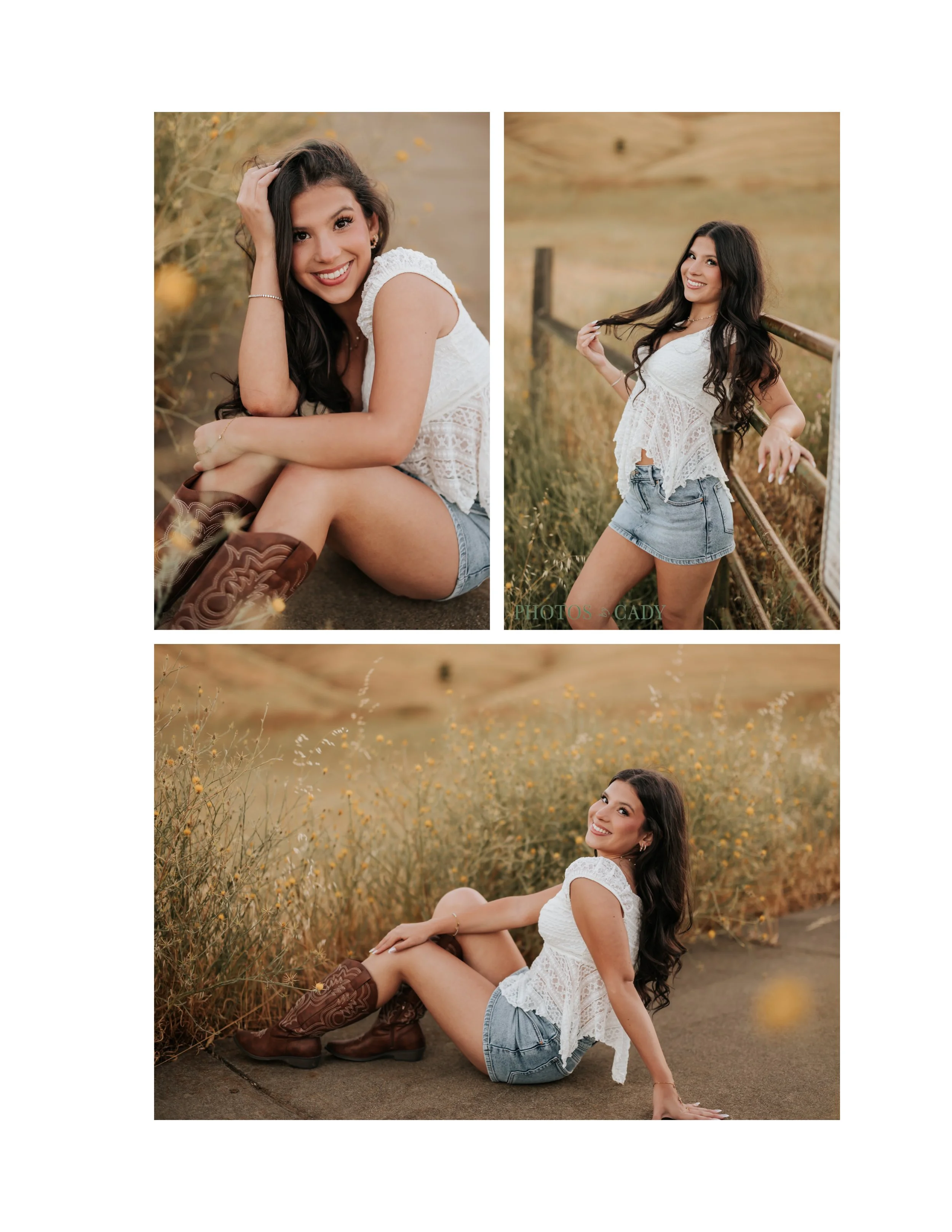 Young woman seated and standing in golden grass during a senior portrait session.