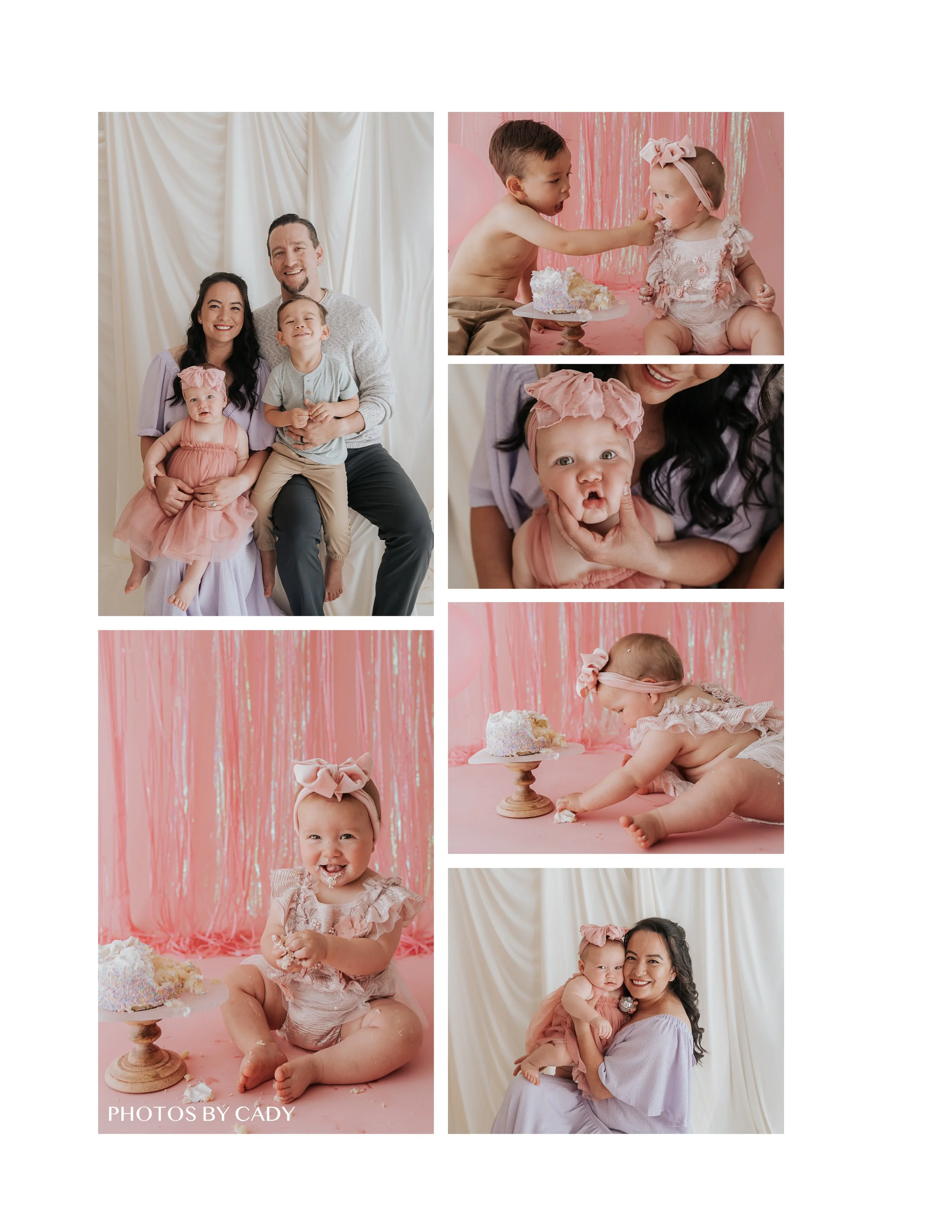 Baby girl enjoying a pink first-birthday cake smash.