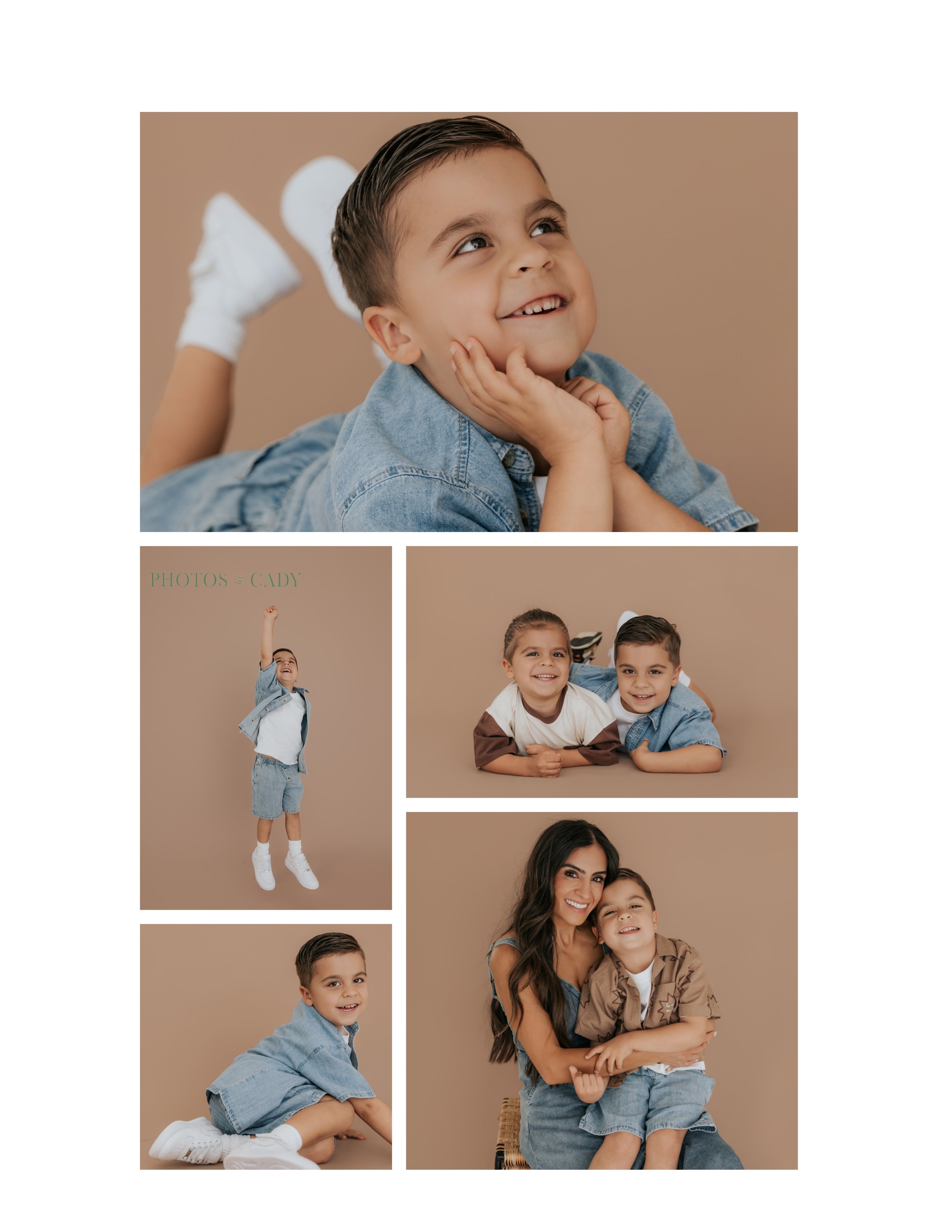 Young boy sharing playful studio portraits with his mother.