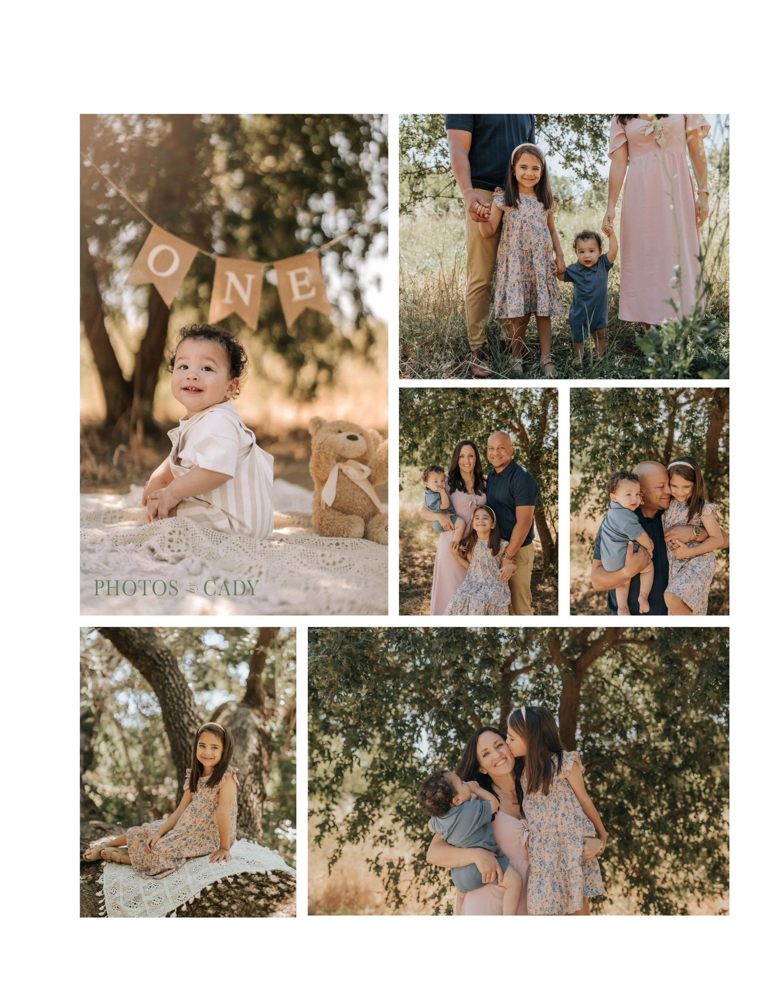 Toddler and parents celebrating together in an outdoor portrait collage.