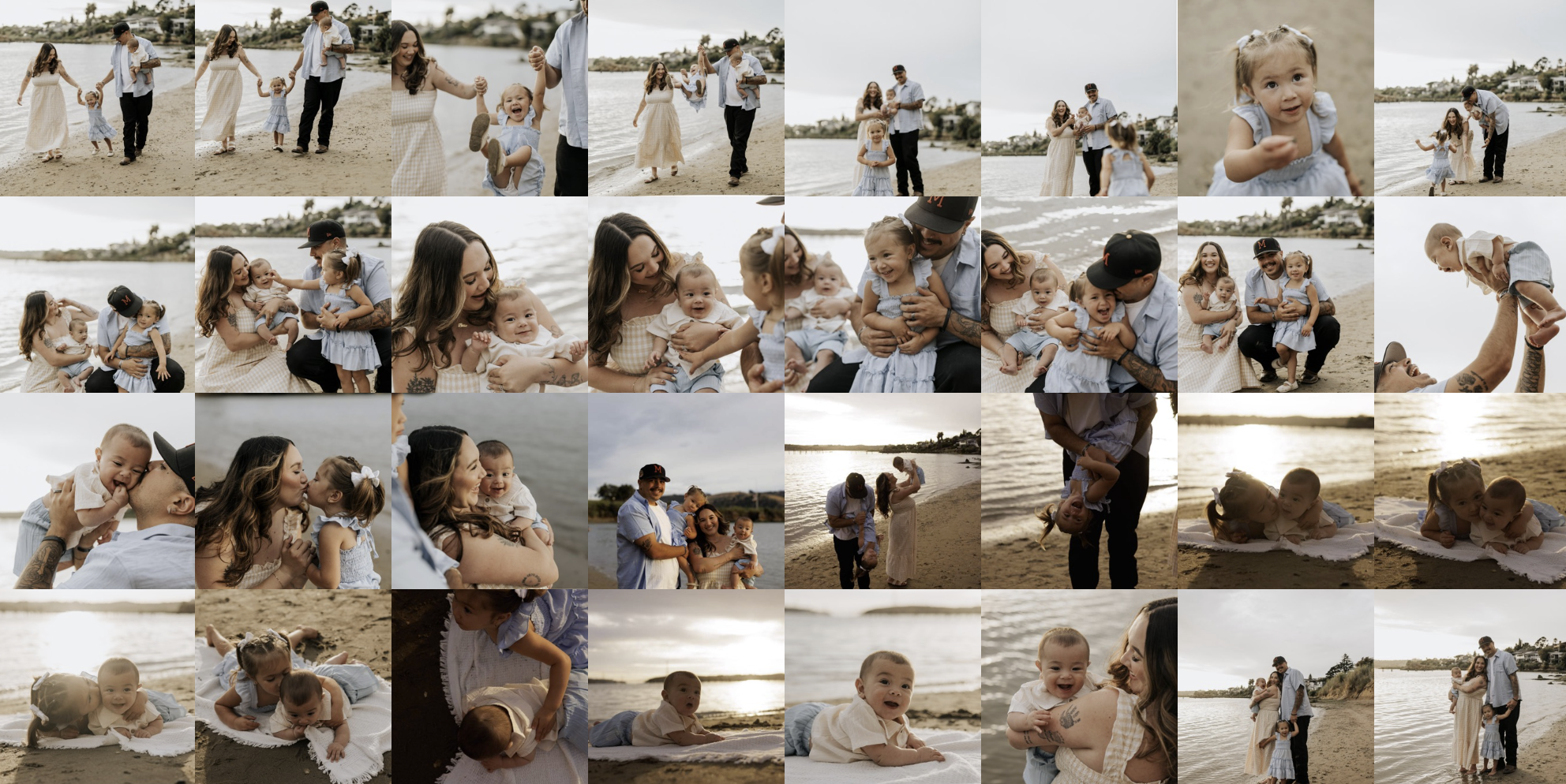 Collage of families playing and embracing during relaxed outdoor beach portrait sessions.