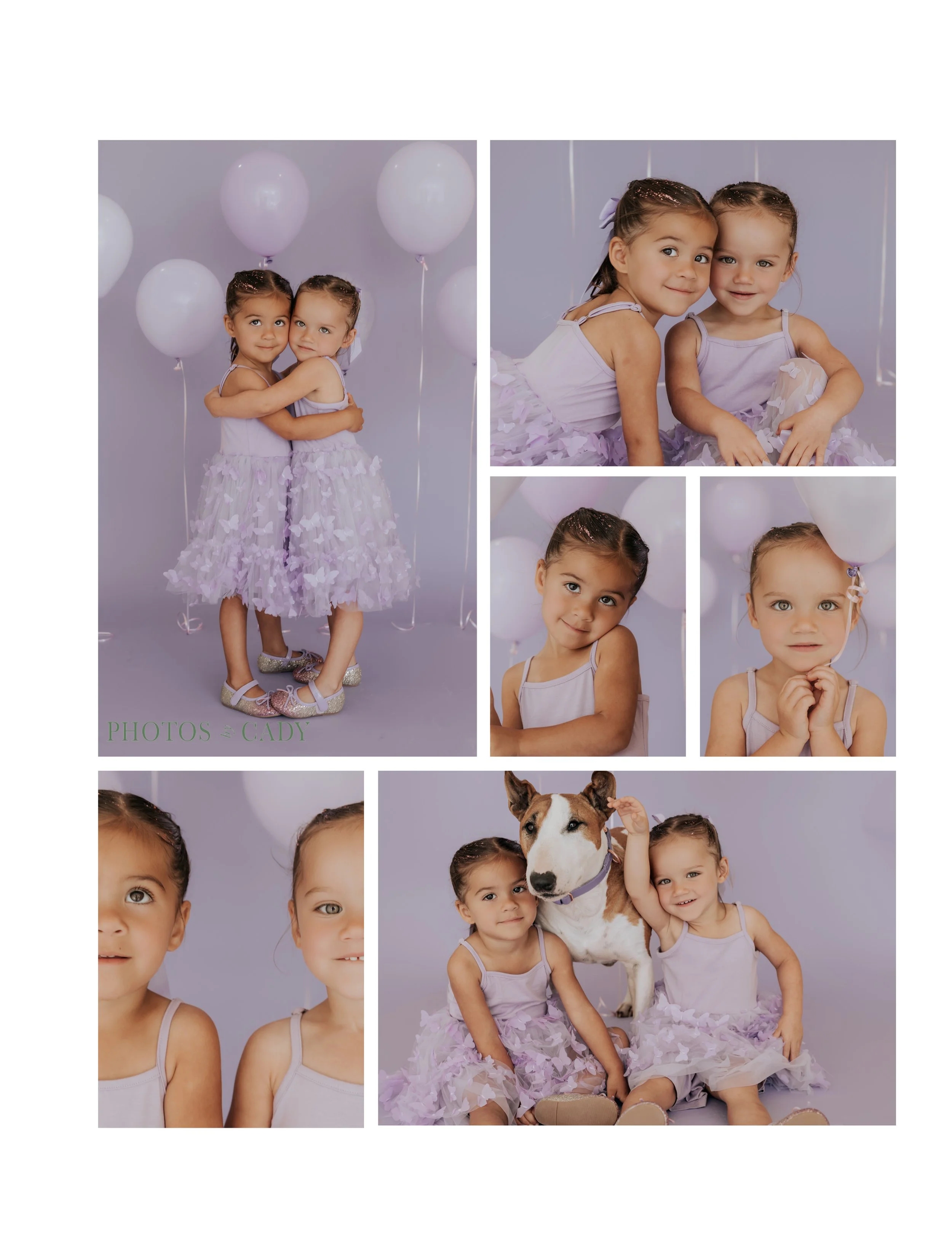 Twin girls sharing smiles during a lavender birthday session.