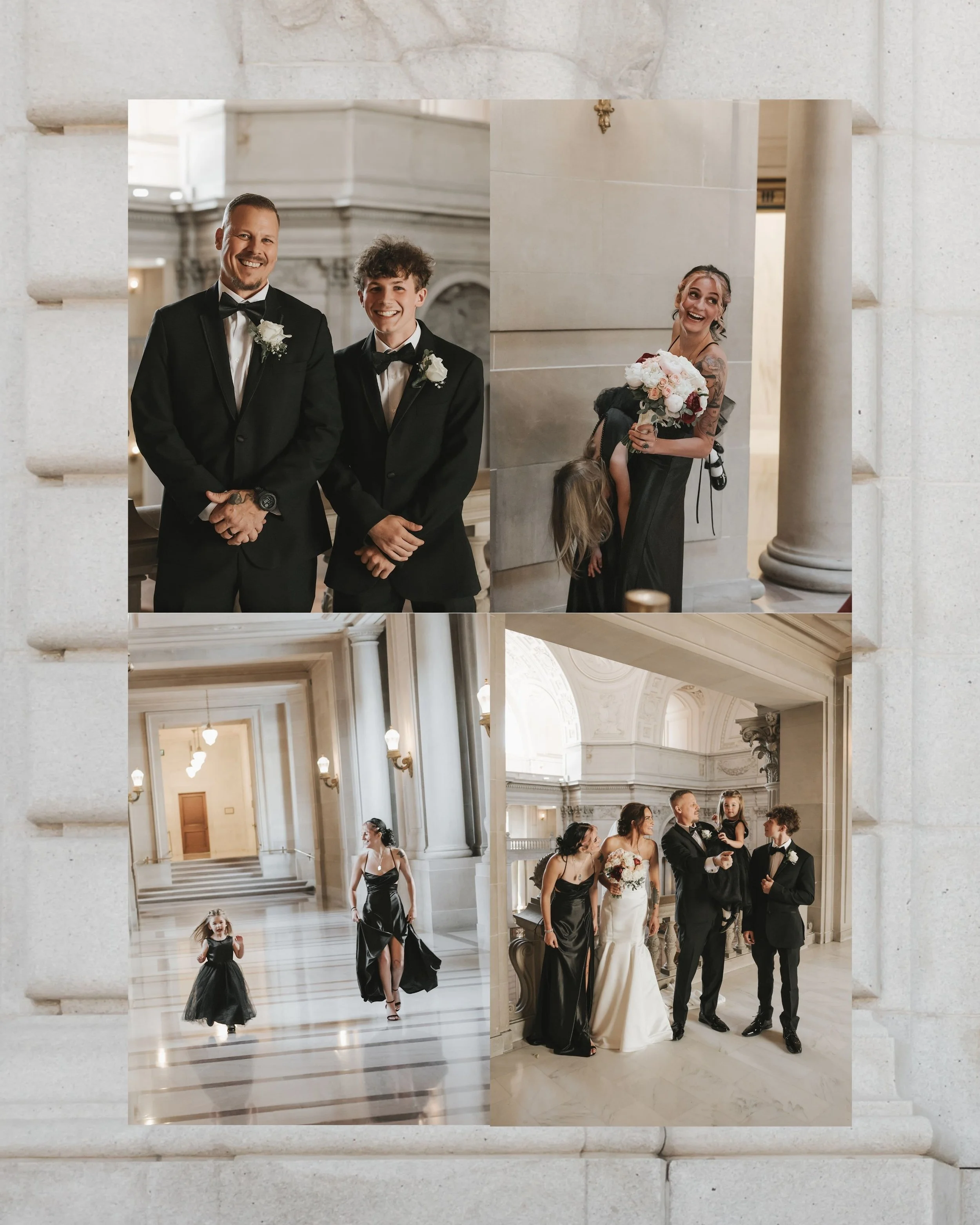 Wedding party and couple posing on the grand stairs of San Francisco City Hall.