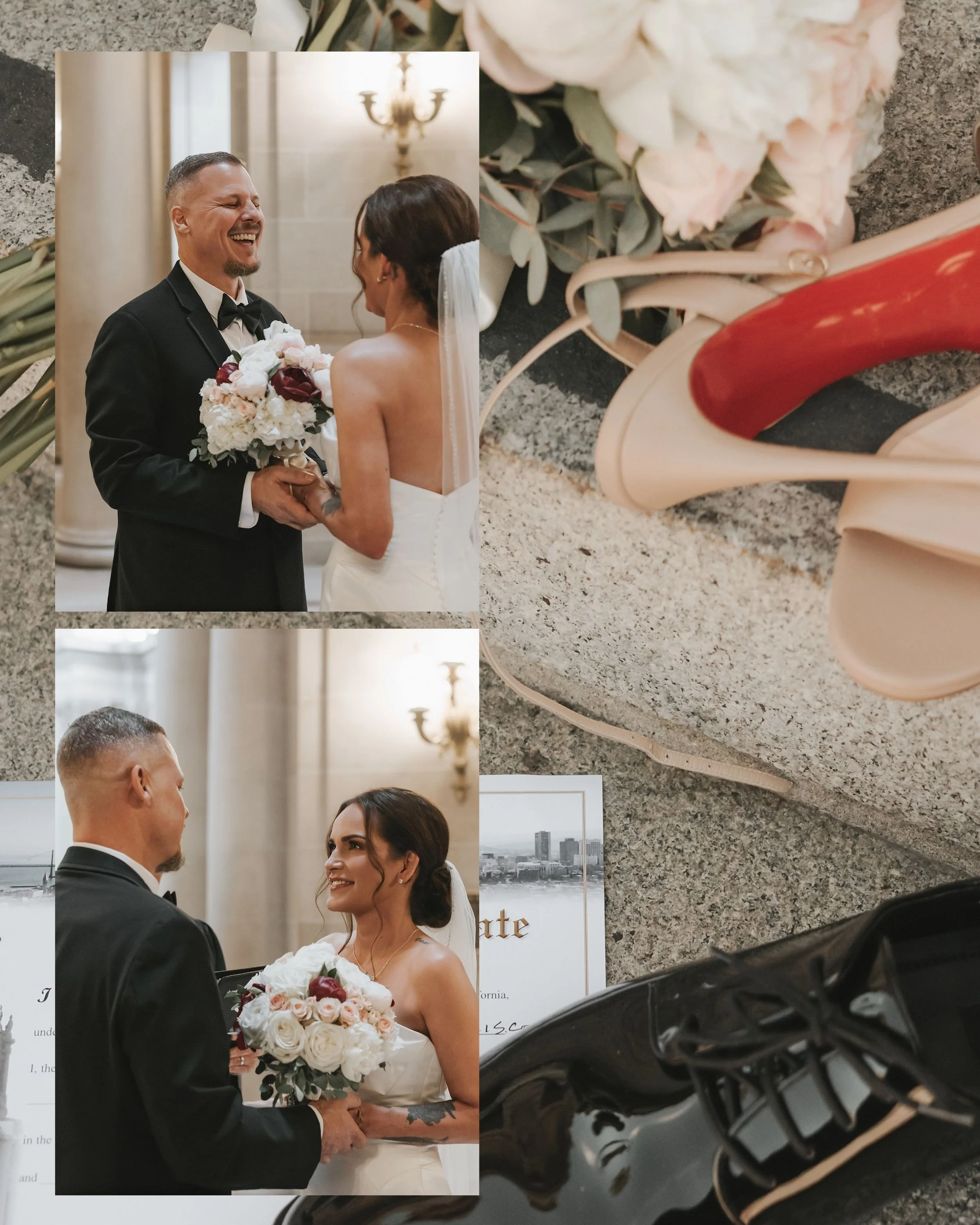 Newlyweds exchanging smiles with wedding-day details at City Hall.