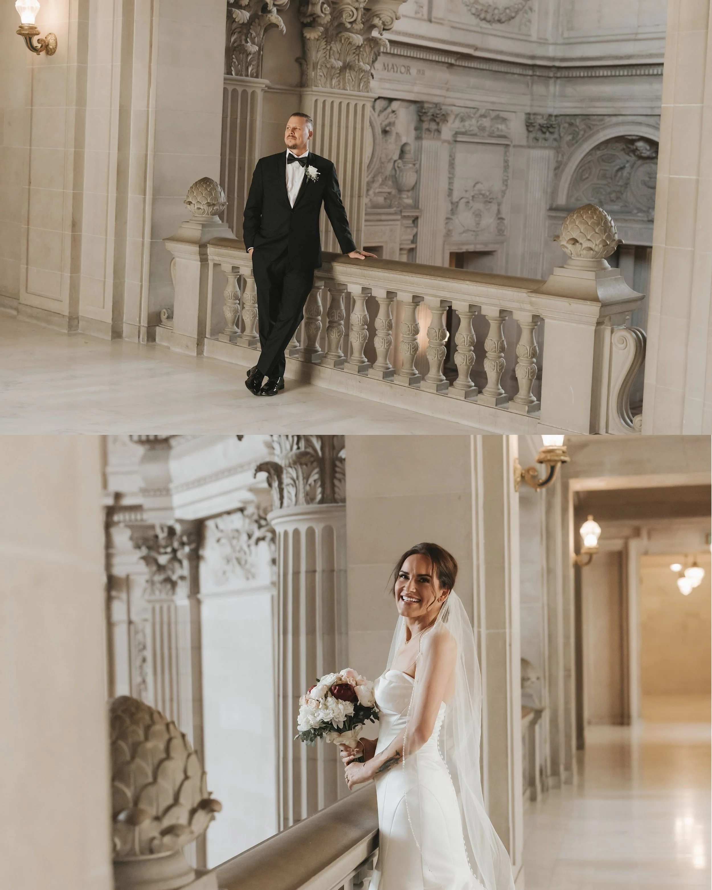 Bride and groom walking through the marble halls of San Francisco City Hall.