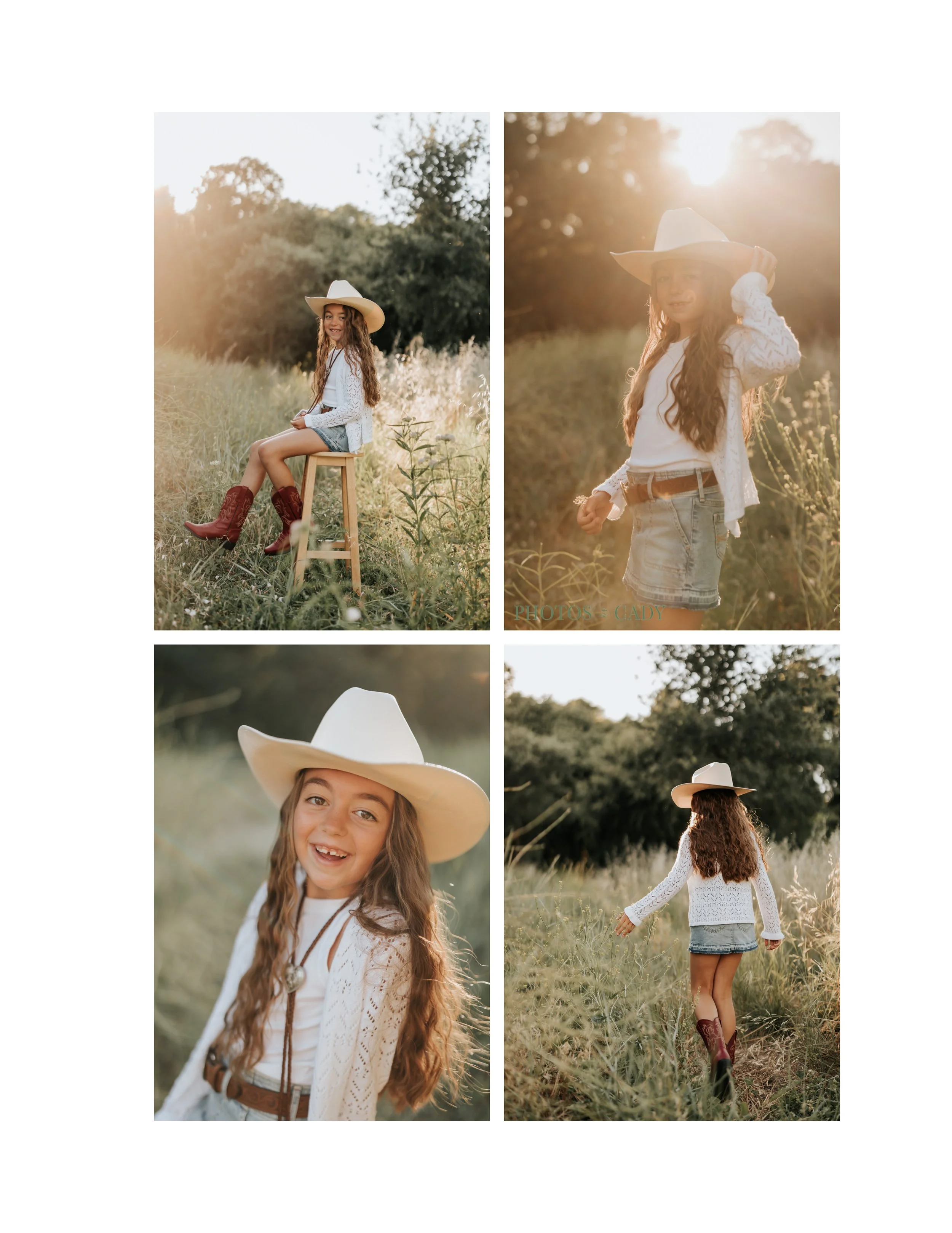 Young girl exploring a sunlit field in a hat and flowing dress.
