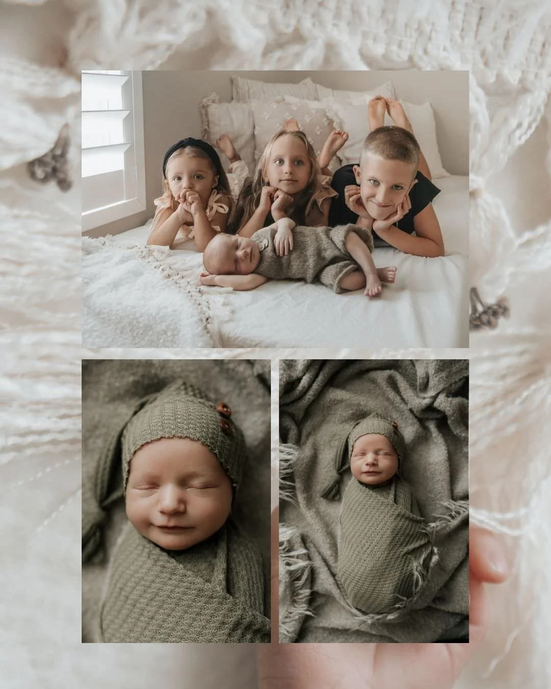 Collage of a family photo and two close-up images of a newborn baby wrapped in a gray blanket and wearing a matching knit hat.