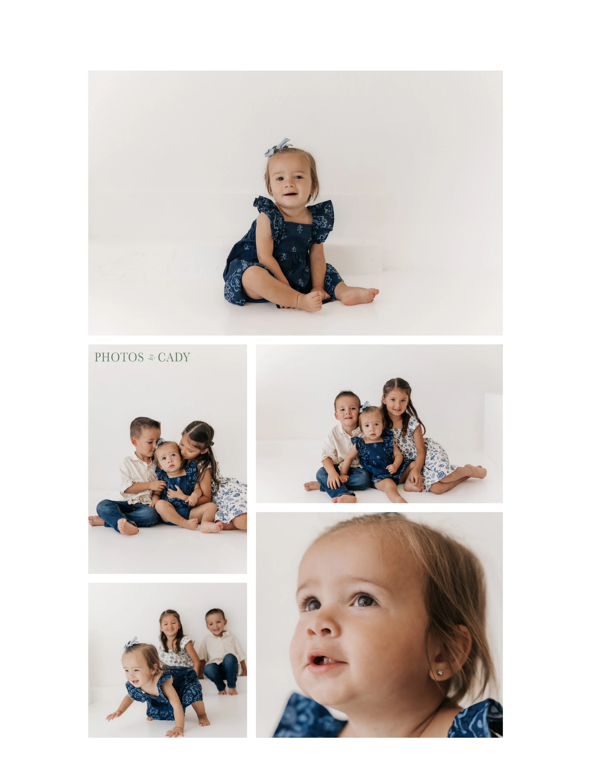 Toddler posing alone and with family in a bright studio.