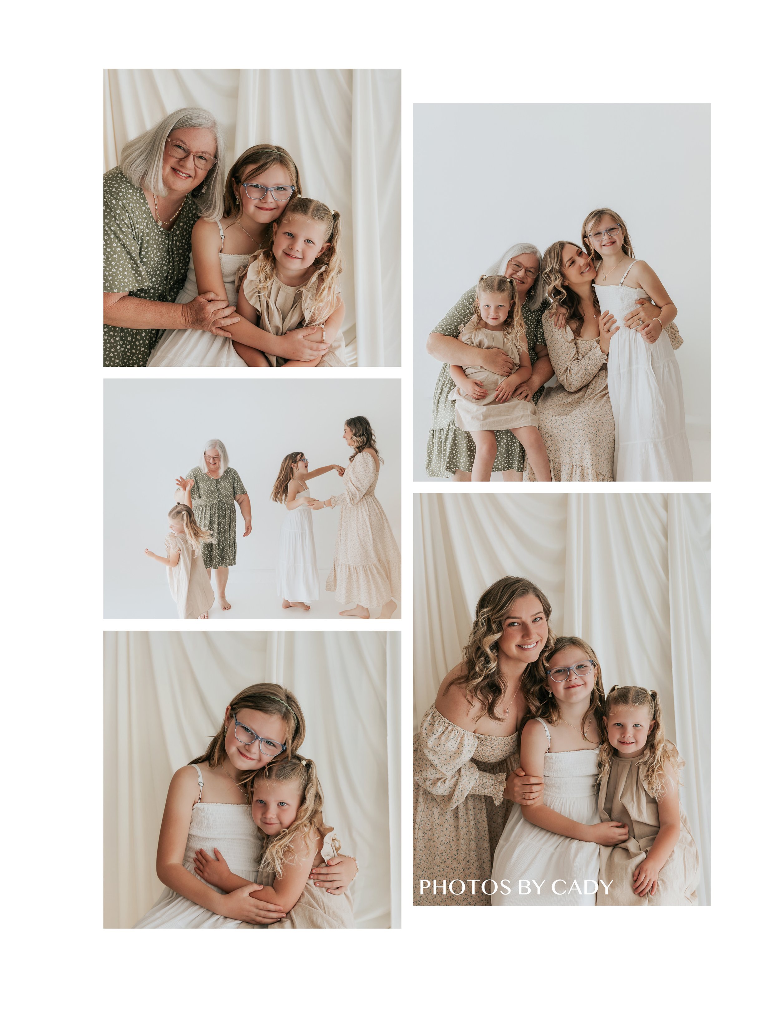 Three generations of women sharing affectionate studio portraits.