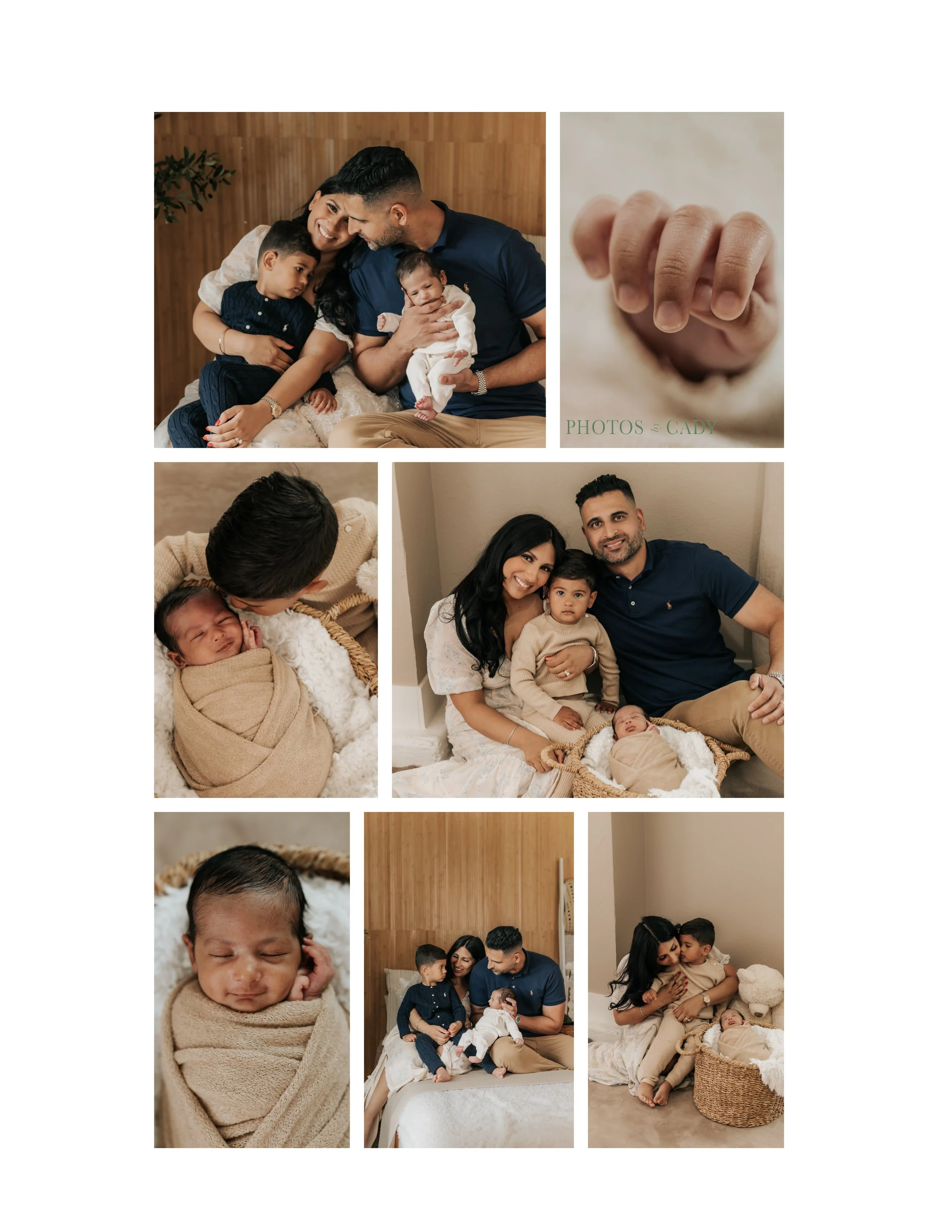 Parents and older sibling cuddling their newborn in a cozy studio.