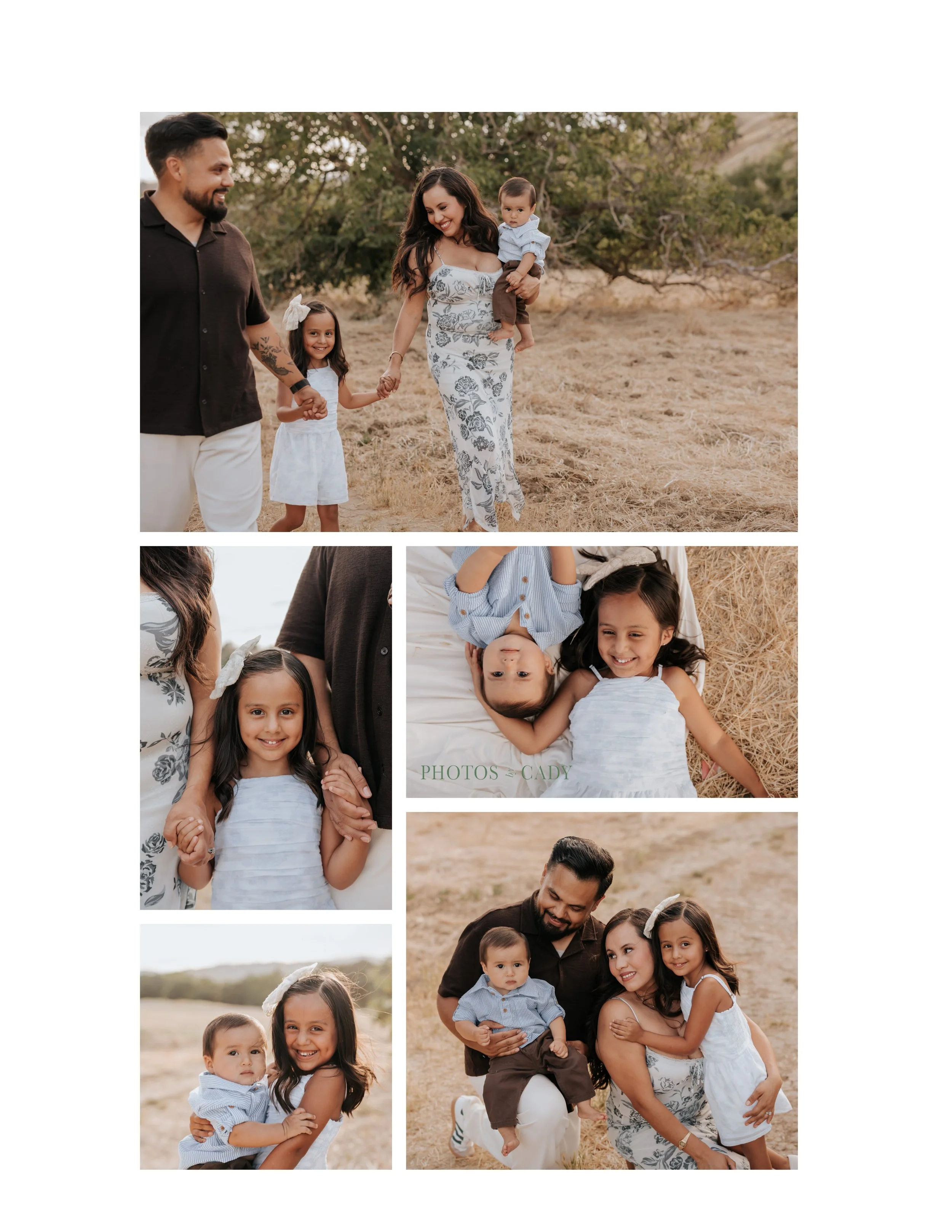 Parents and two daughters laughing together outdoors.