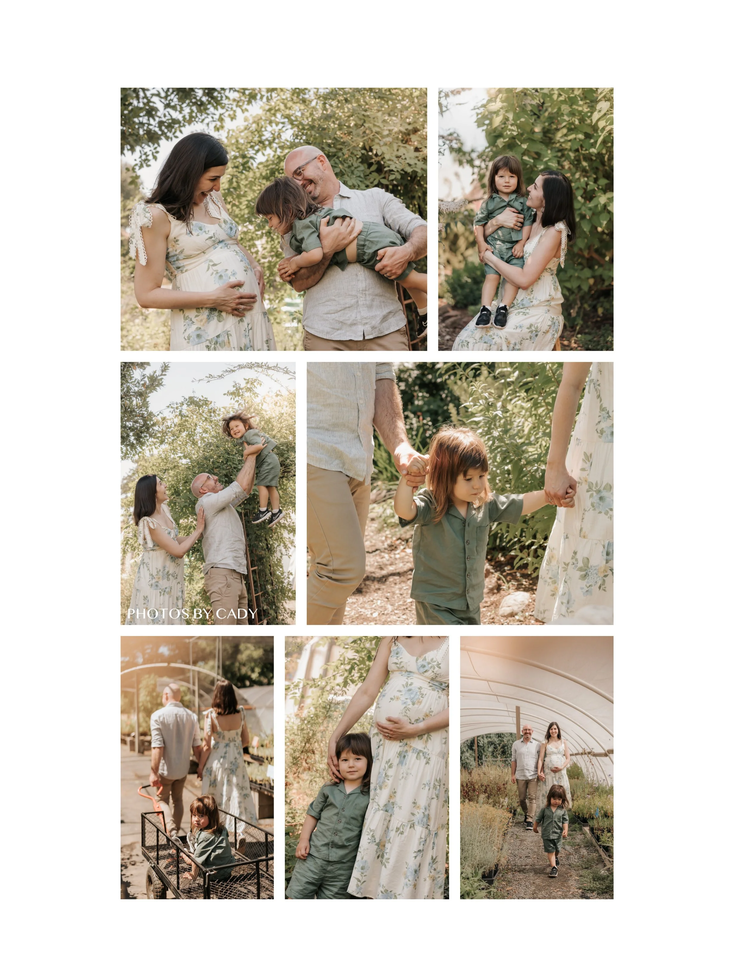Parents and toddler sharing playful moments in tall grass.