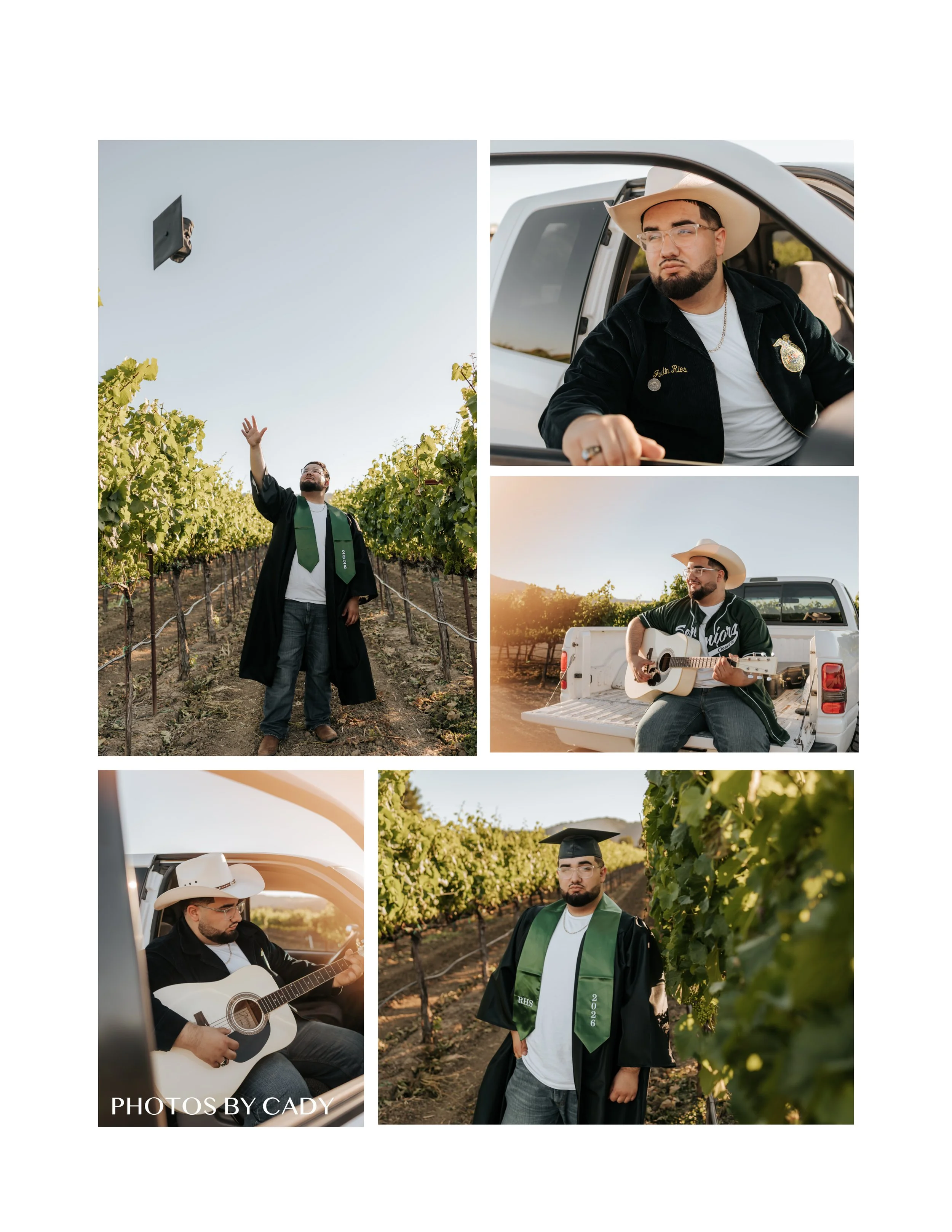 Graduate celebrating in cap and gown beside a vintage car.