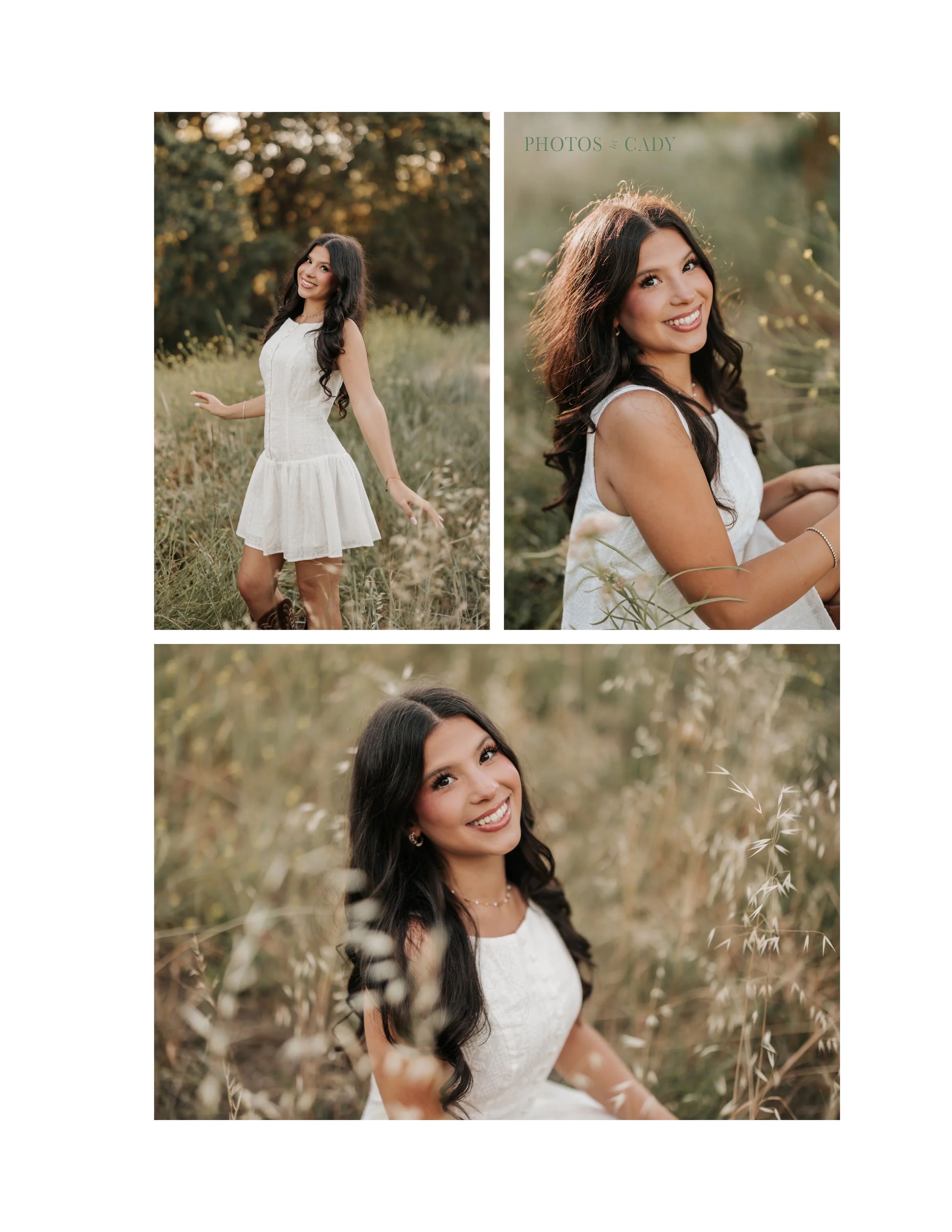 Young woman smiling in a field in a flowing white dress.