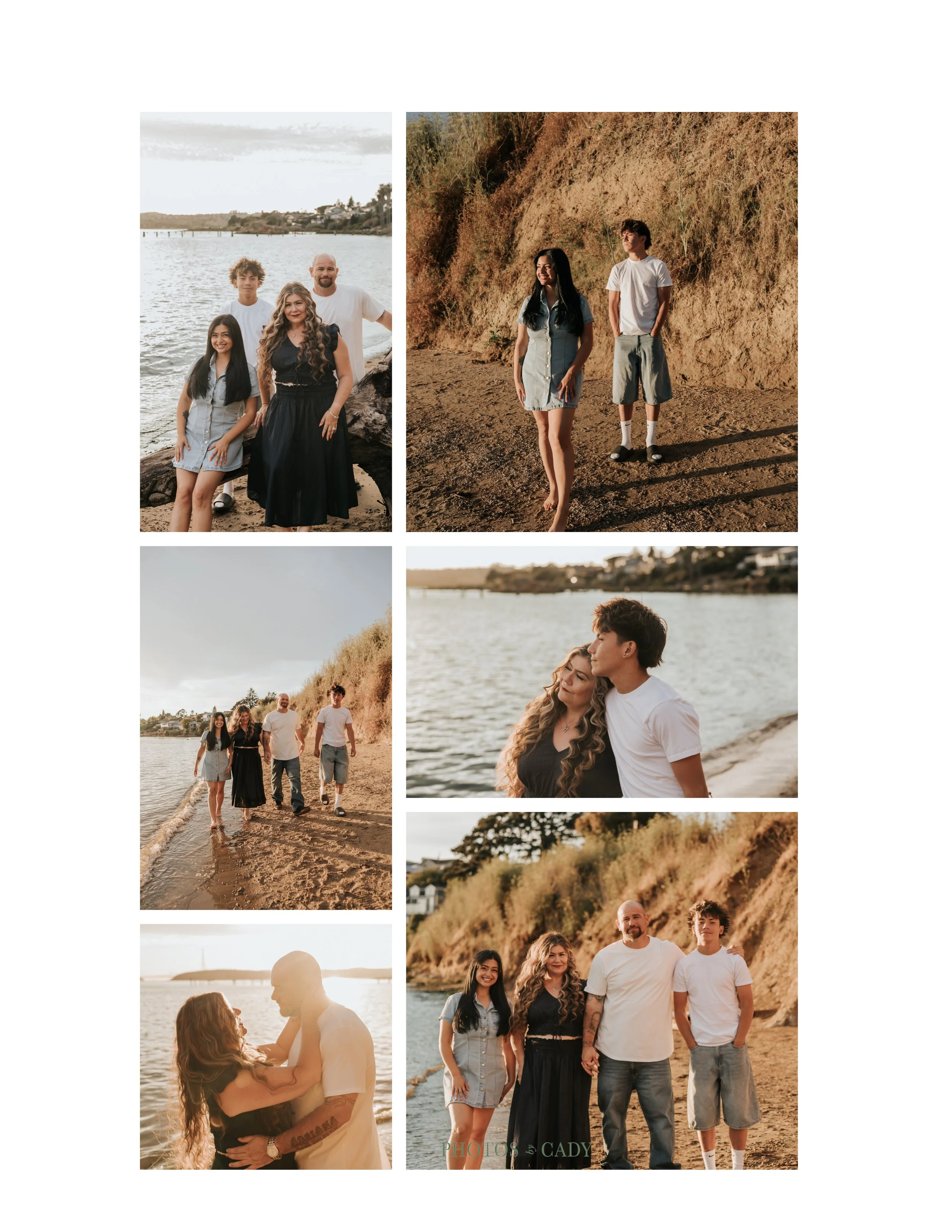 Family of four exploring the coast and nearby fields.