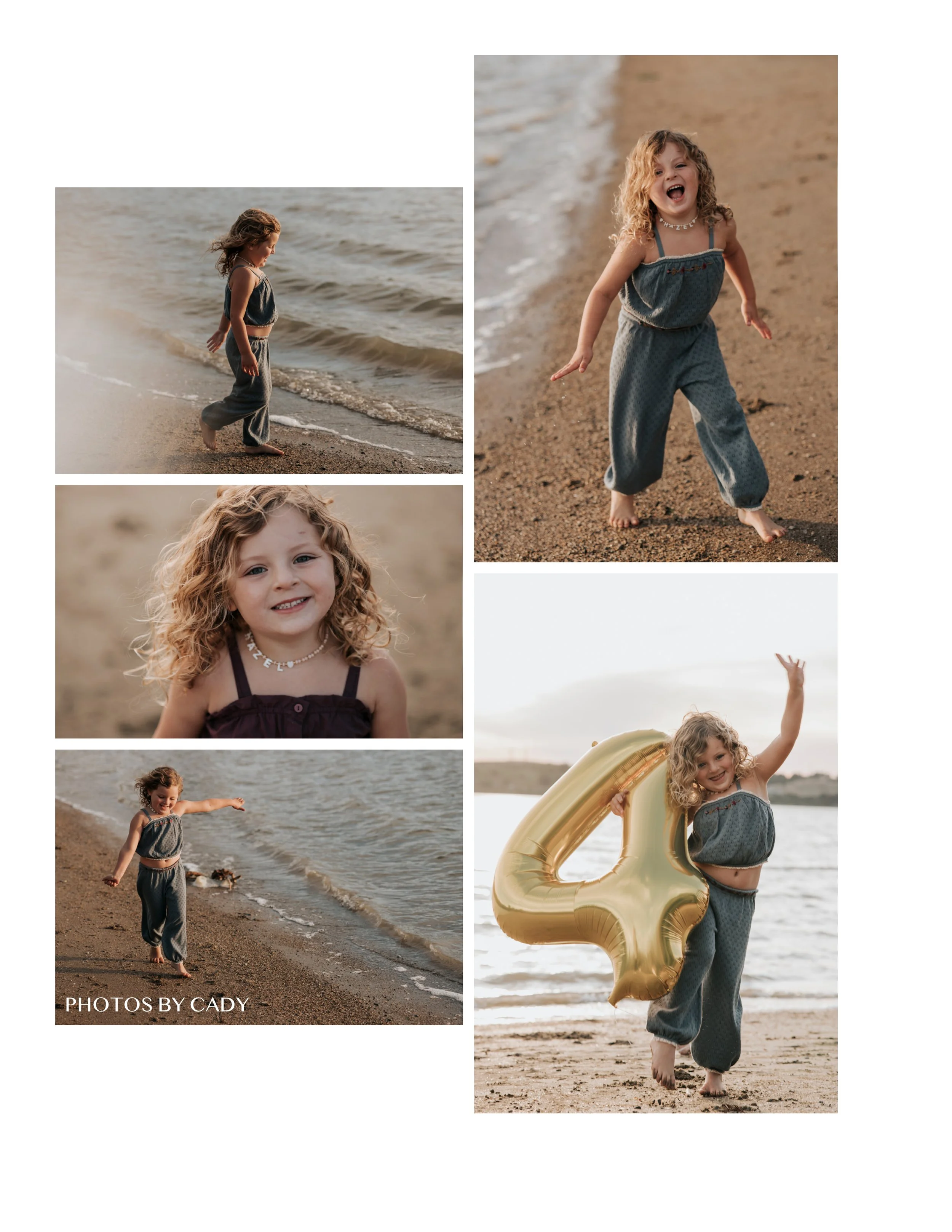 little girl celebrating her 4th birthday with photos on the beach with a balloon