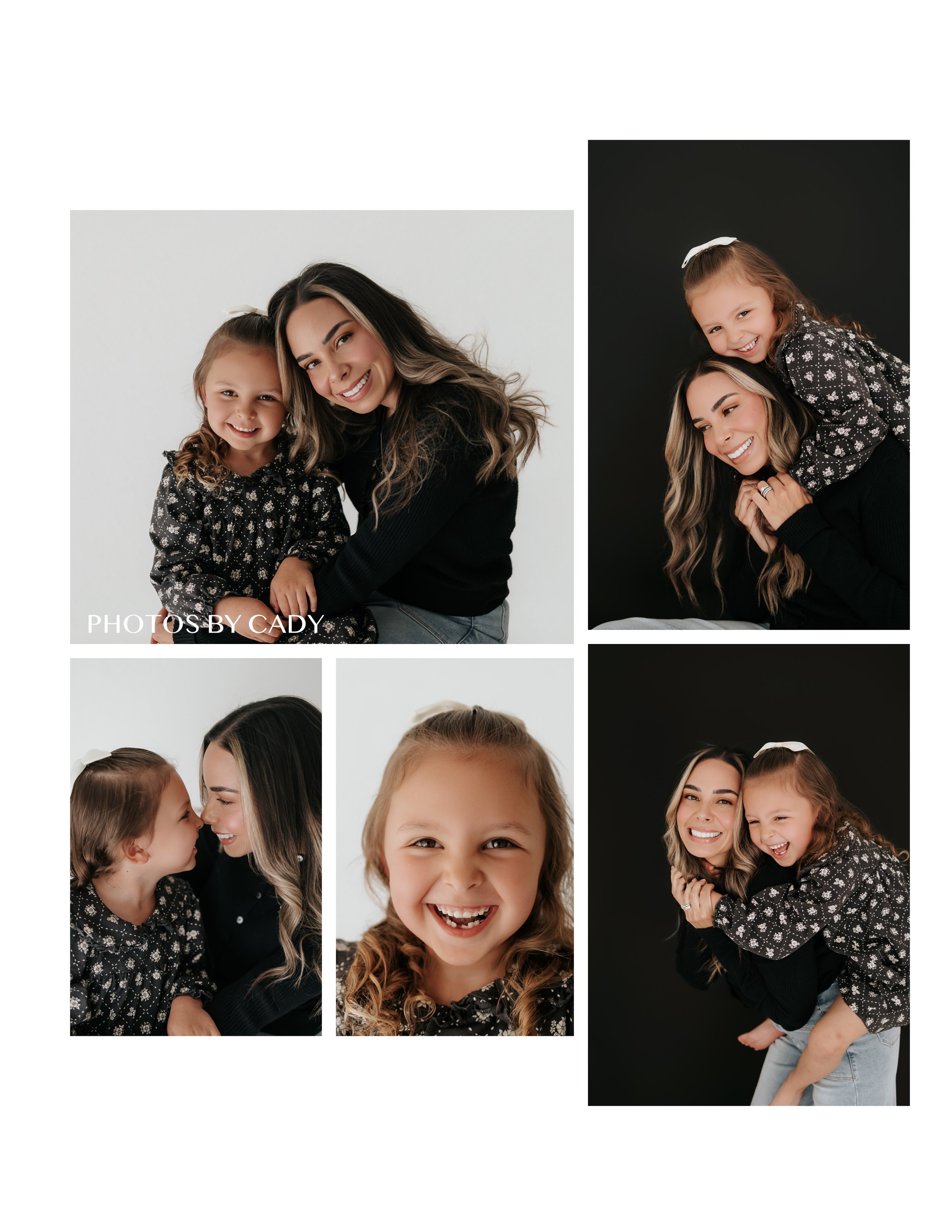 Mother and young daughter sharing playful studio portraits.