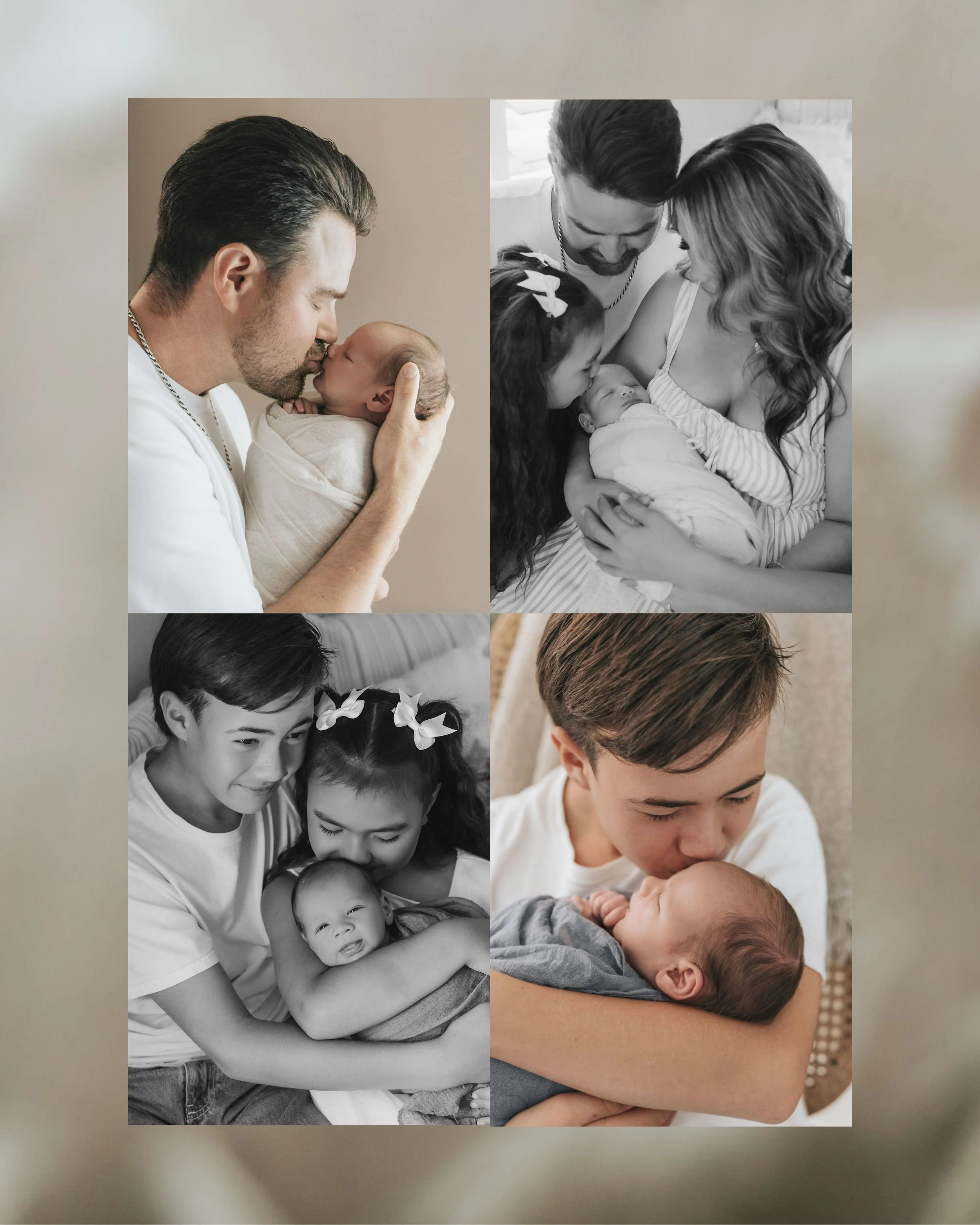 Collage of four photos showing a family with a newborn baby. The top left and bottom right photos are in color, depicting a father and an older boy holding the baby. The top right and bottom left photos are in black and white, showing parents and children sharing tender moments with the newborn.