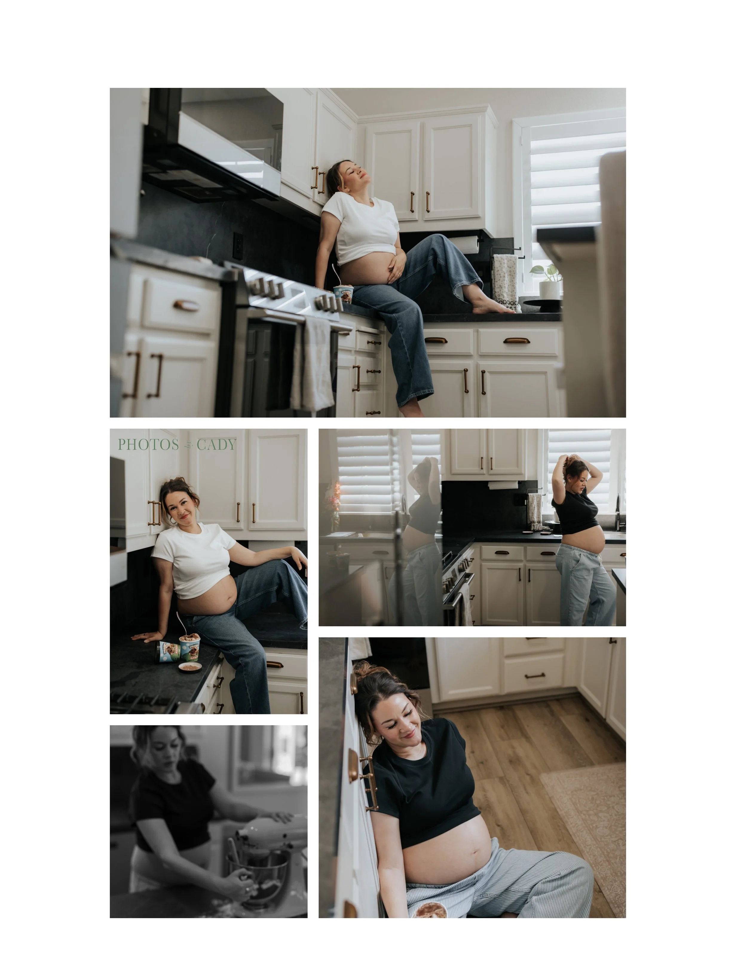 Expectant mother relaxing at home in a bright kitchen.