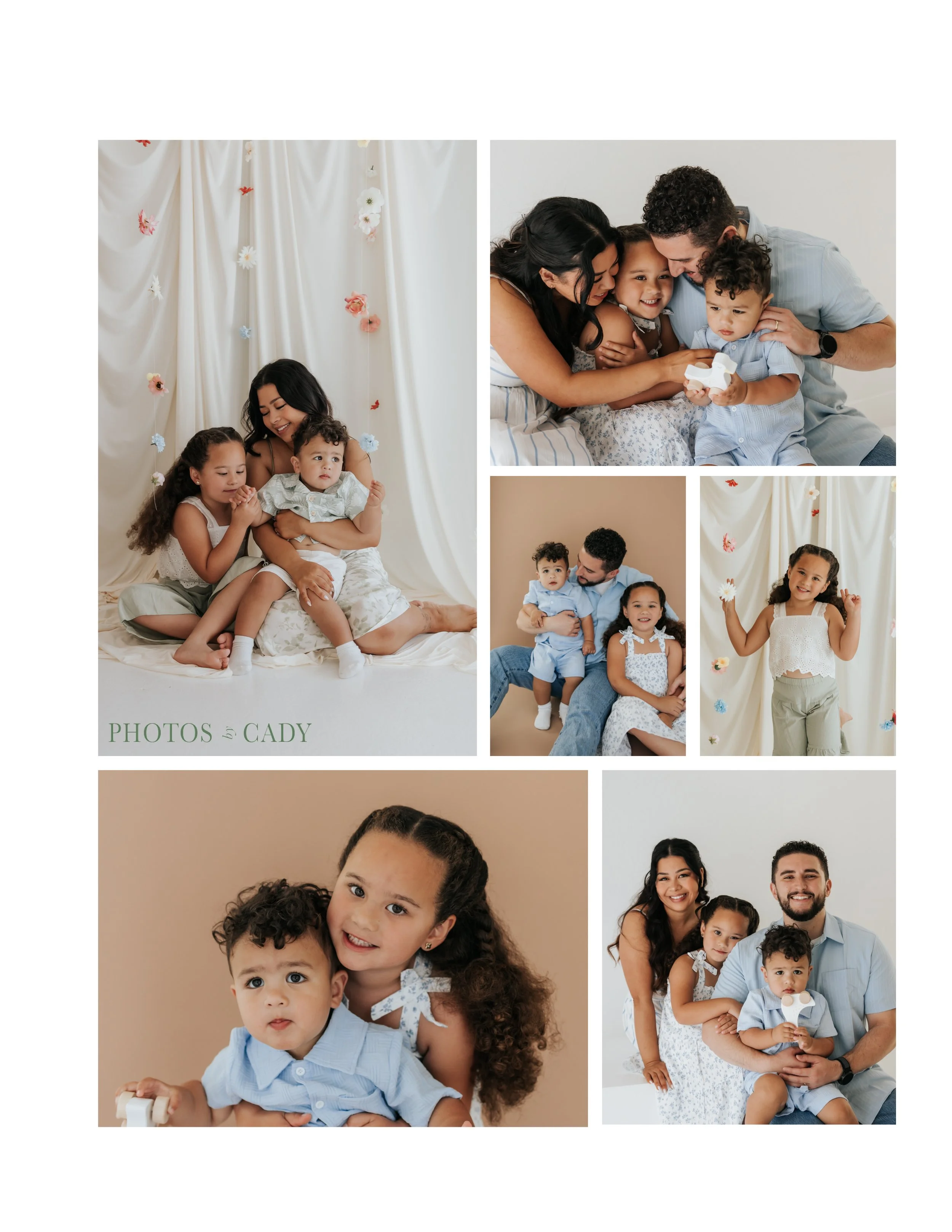 Parents and three children cuddling together in a bright studio.