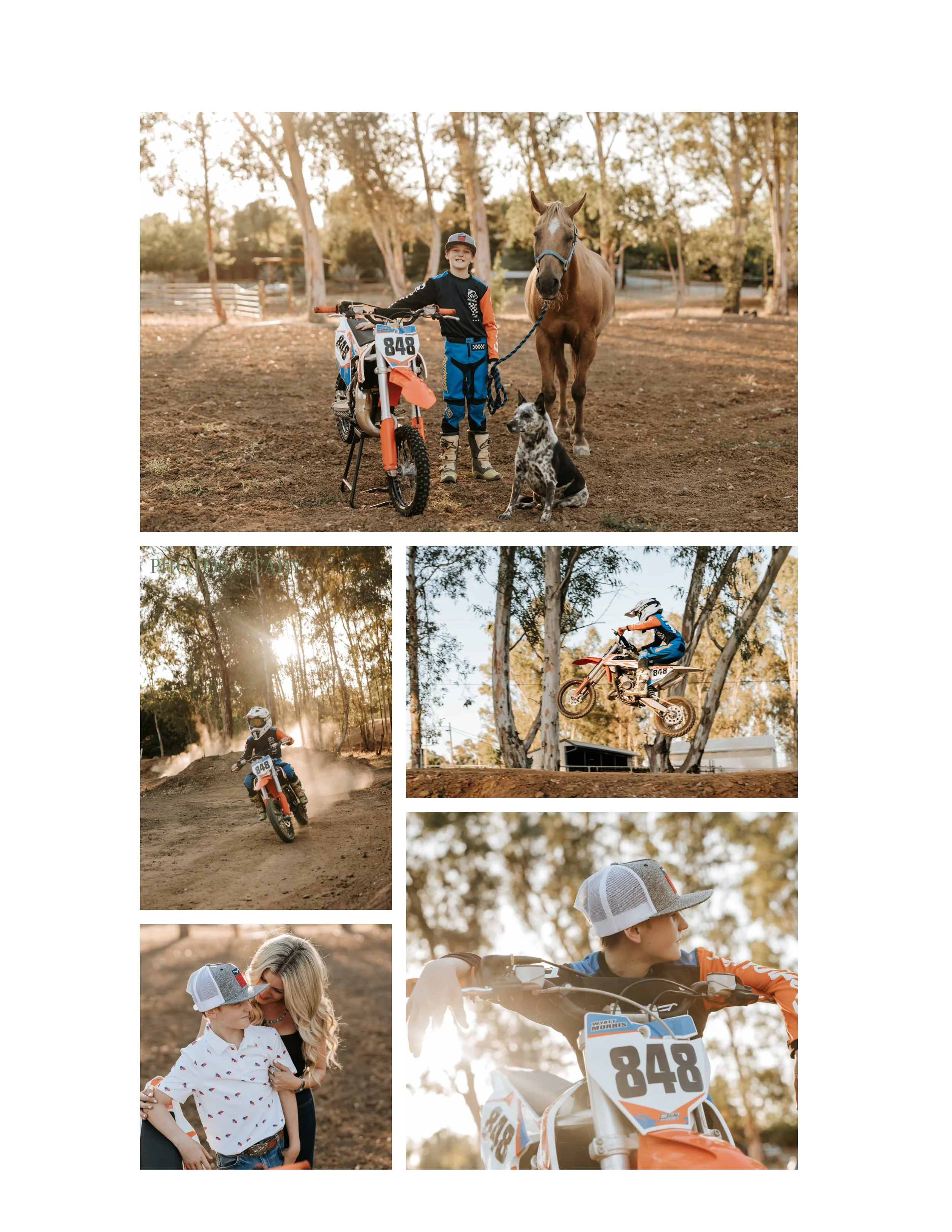 Young child posing with a dirt bike in an outdoor motocross session.
