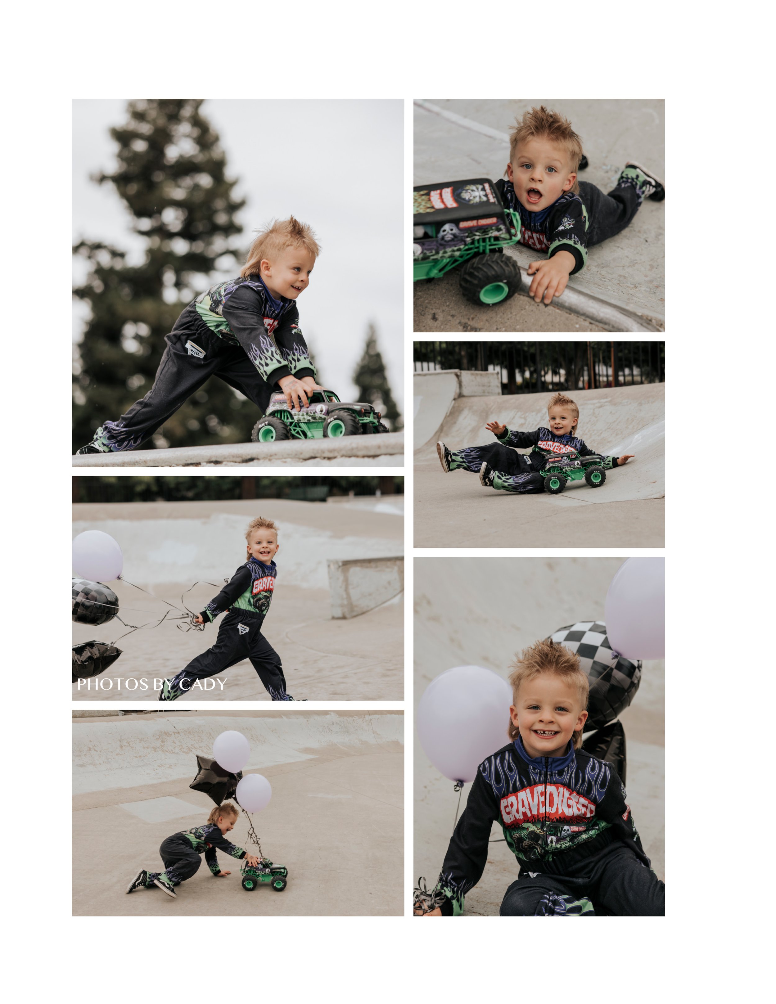 little boy celebrating his birthday with photos in a gravedigger costume at a skate park and a balloon
