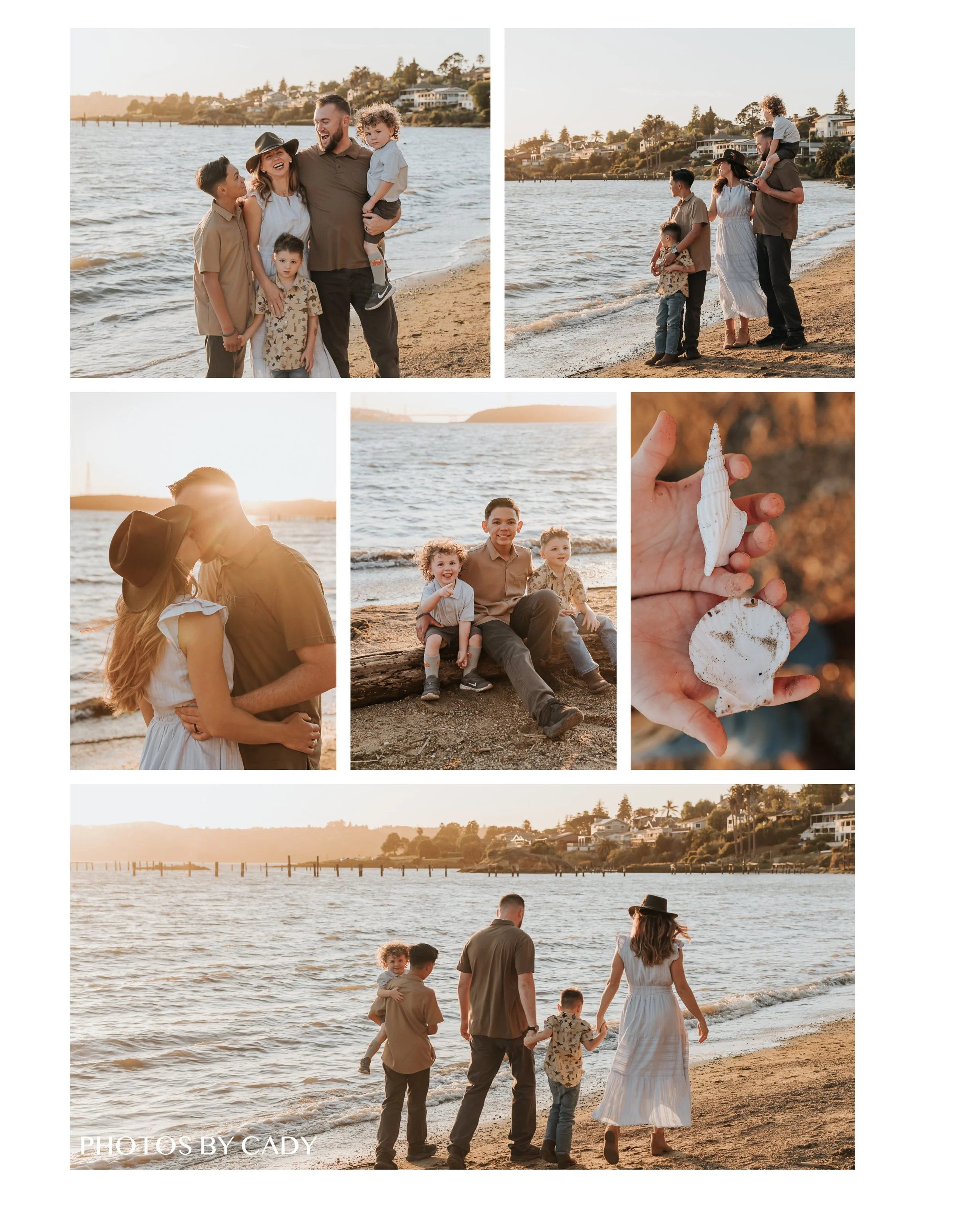 Family of five walking and playing at the beach at sunset.