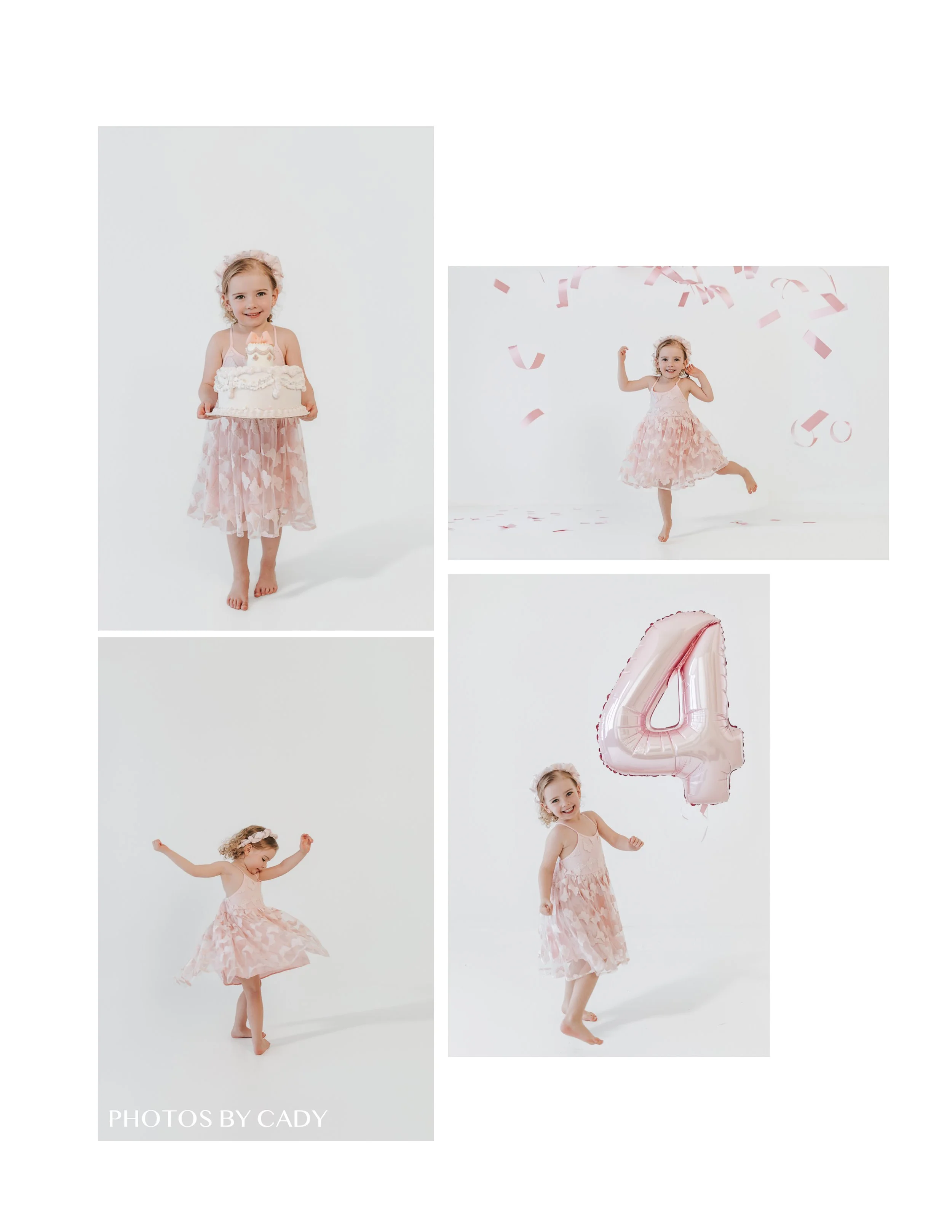 little girl celebrating her 4th birthday with photos in a studio and pink dress with a balloon