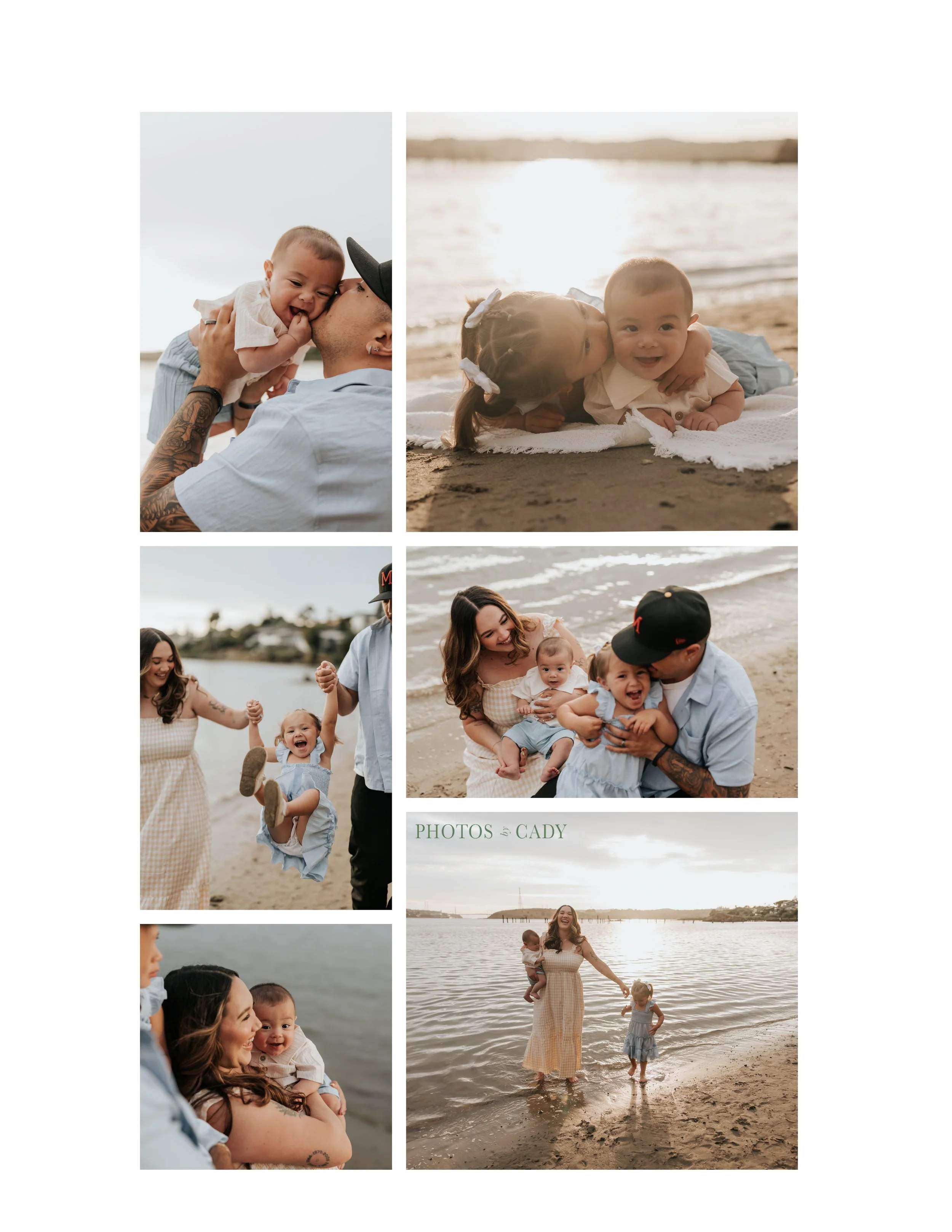 Family playing together on a beach at sunset.