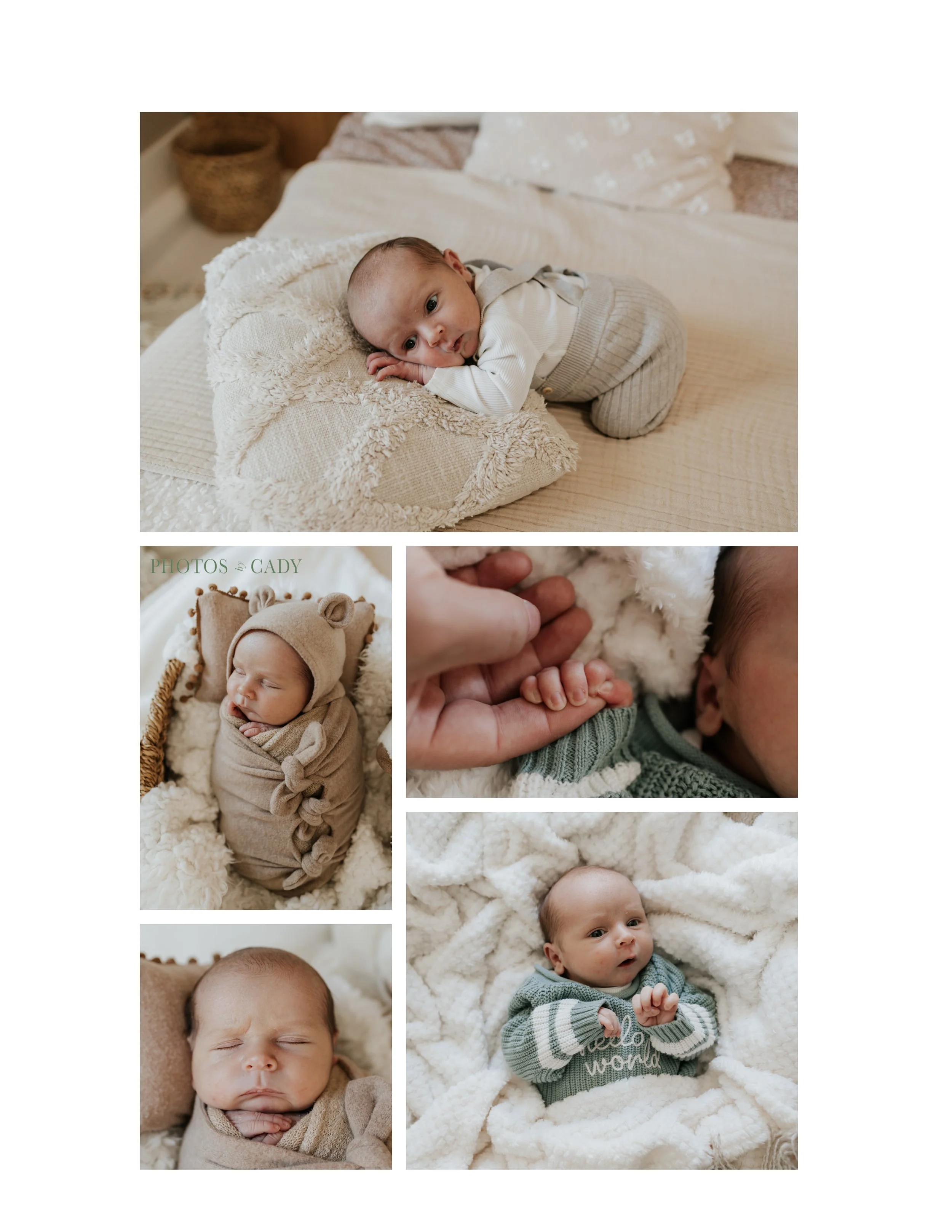 Newborn boy sleeping in soft blankets and knitted outfits.