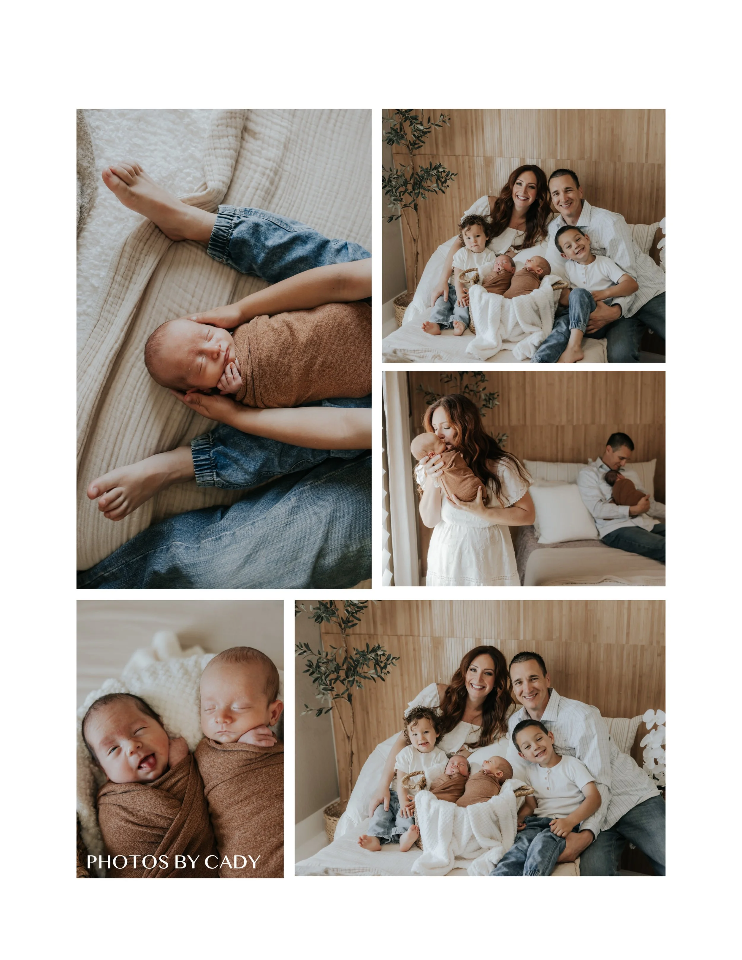 Parents and older siblings cuddling their newborn at home.
