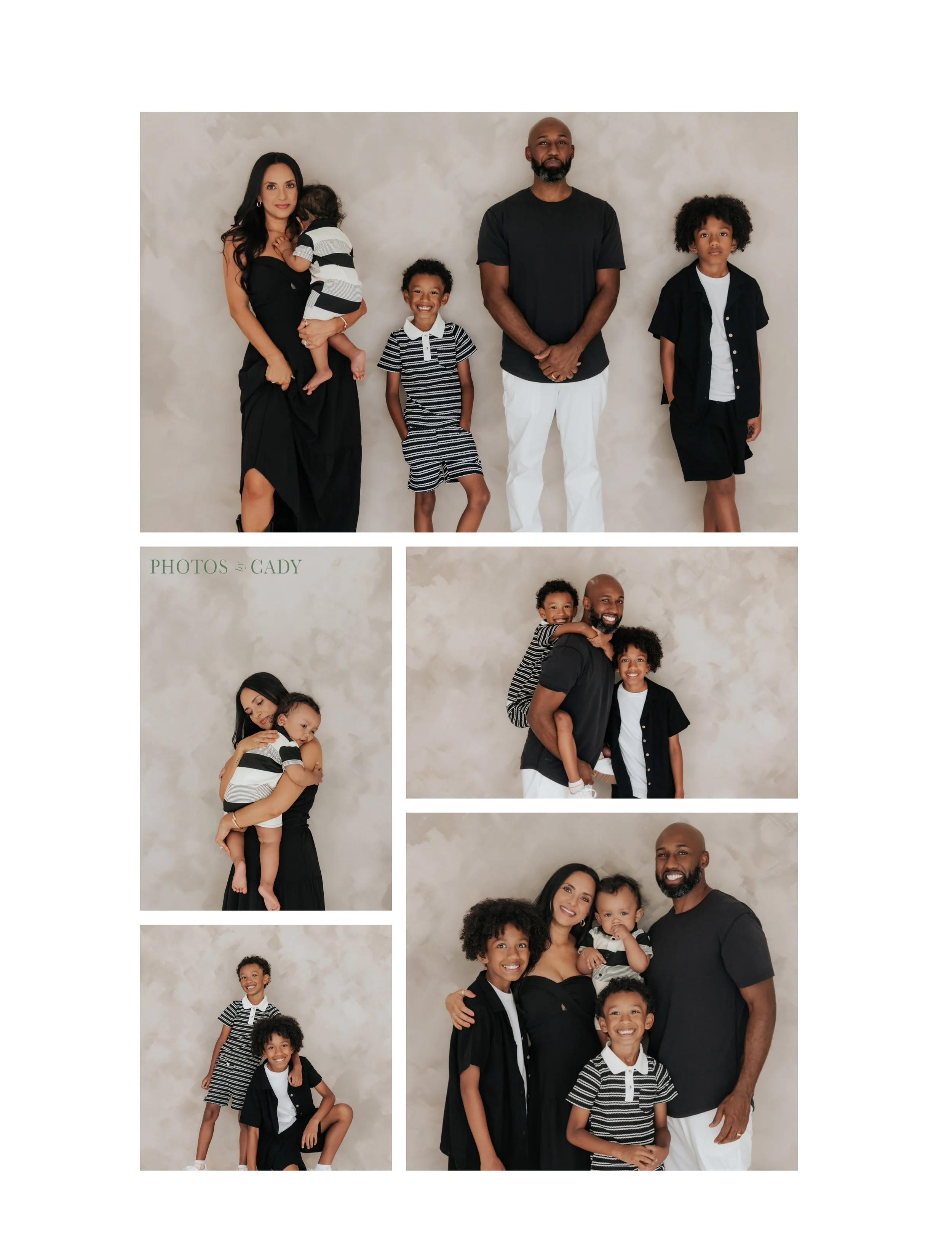 Family of five posing together against a simple studio backdrop.
