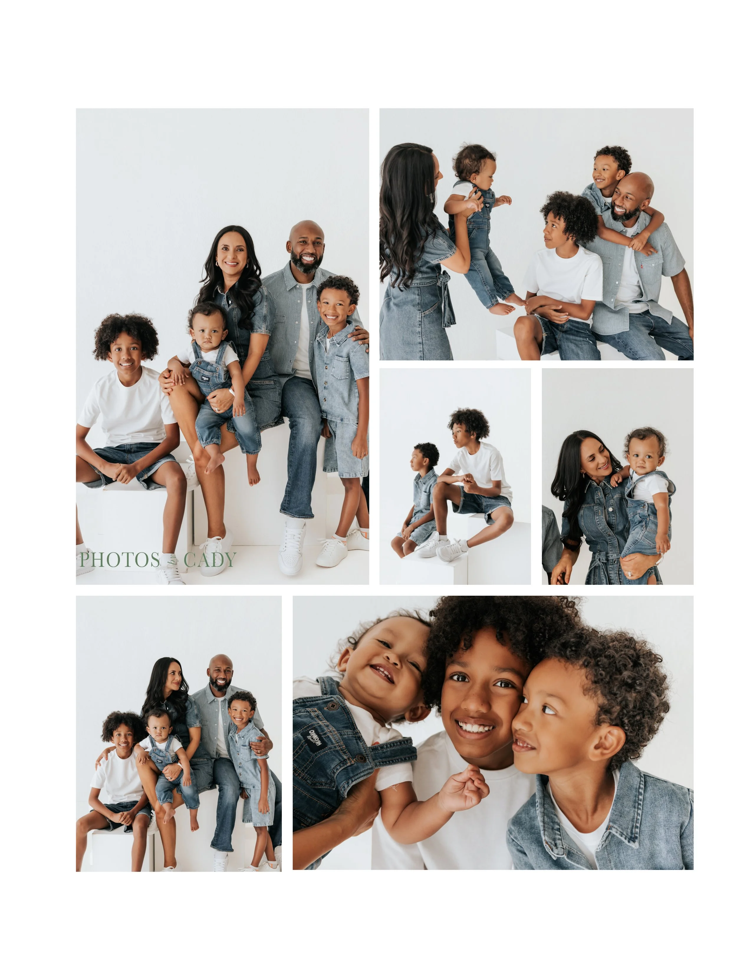 Parents and three children laughing together in a bright studio.